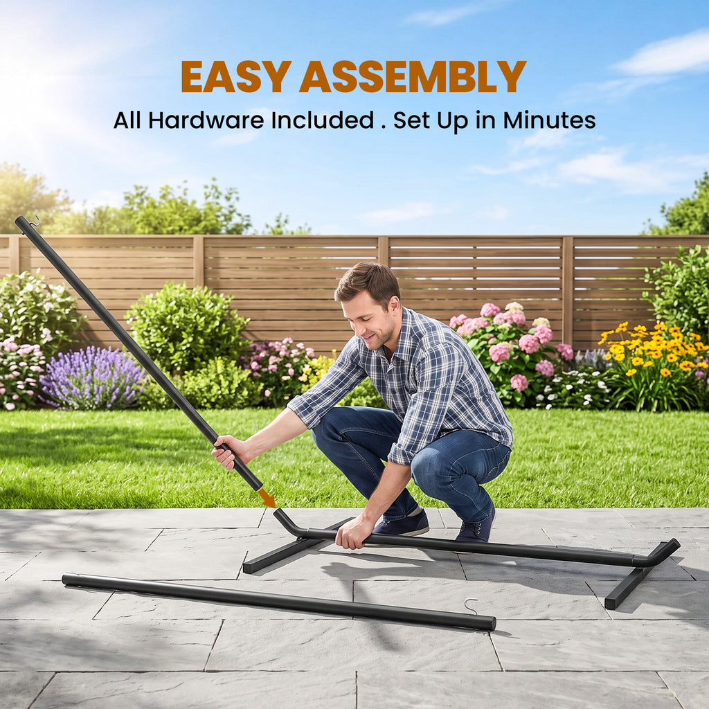 11.8'L Hammock Stand Extra Long Heavy Duty Straight Pole Day Bed Swing Metal Frame Simple Set Up Garden Outdoor Camping Picnic Use Black