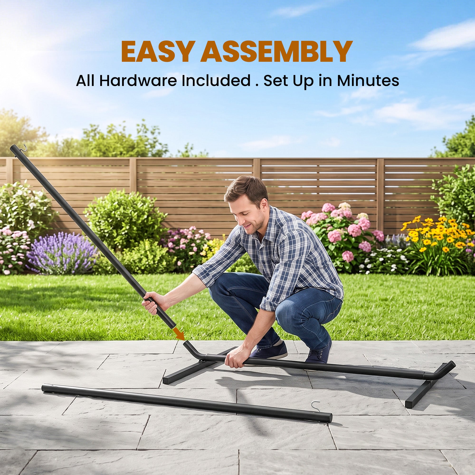 11.8'L Hammock Stand Extra Long Heavy Duty Straight Pole Day Bed Swing Metal Frame Simple Set Up Garden Outdoor Camping Picnic Use Black