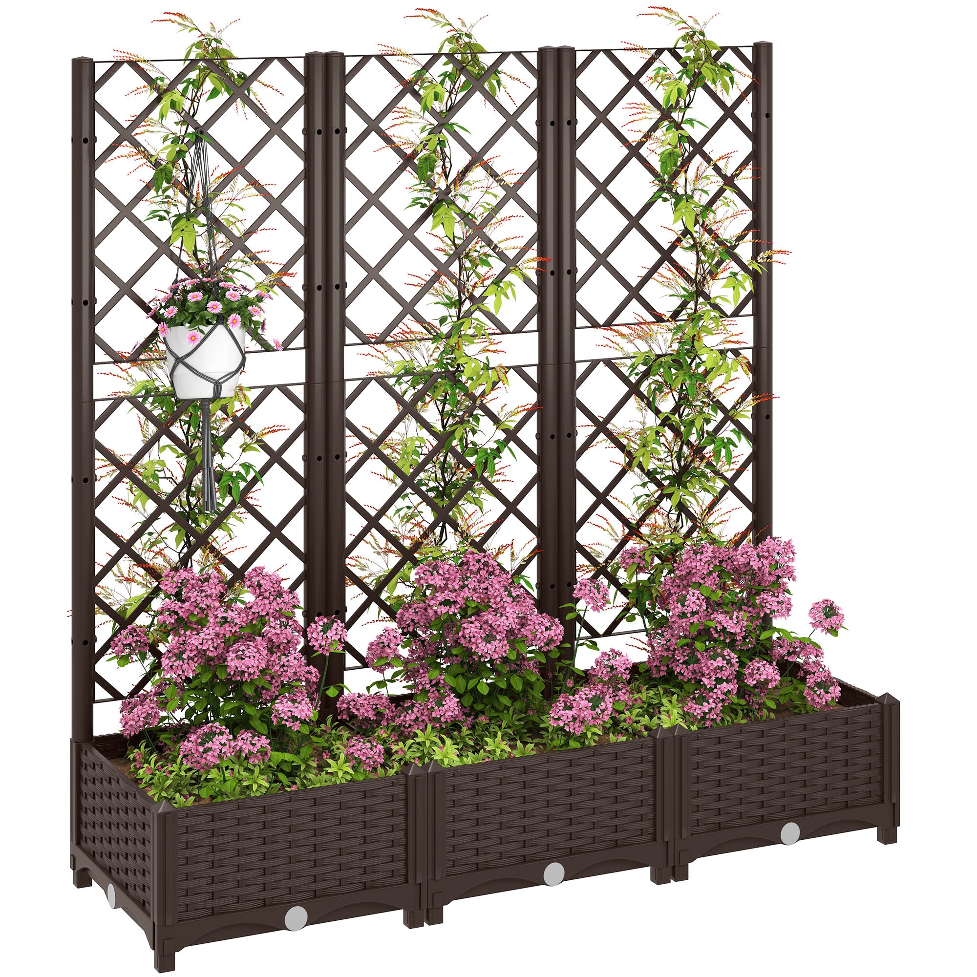 Raised Garden Bed with Trellis, PE Rattan Flower Bed with Drainage Holes and Drain Plugs, 47" x 16" x 48"