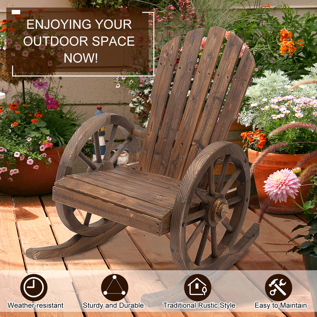 Patio Wooden Rocking Chair, Wagon Outdoor Rocker Chair with Slatted Design and Wheel Armrests for Garden, Carbonized