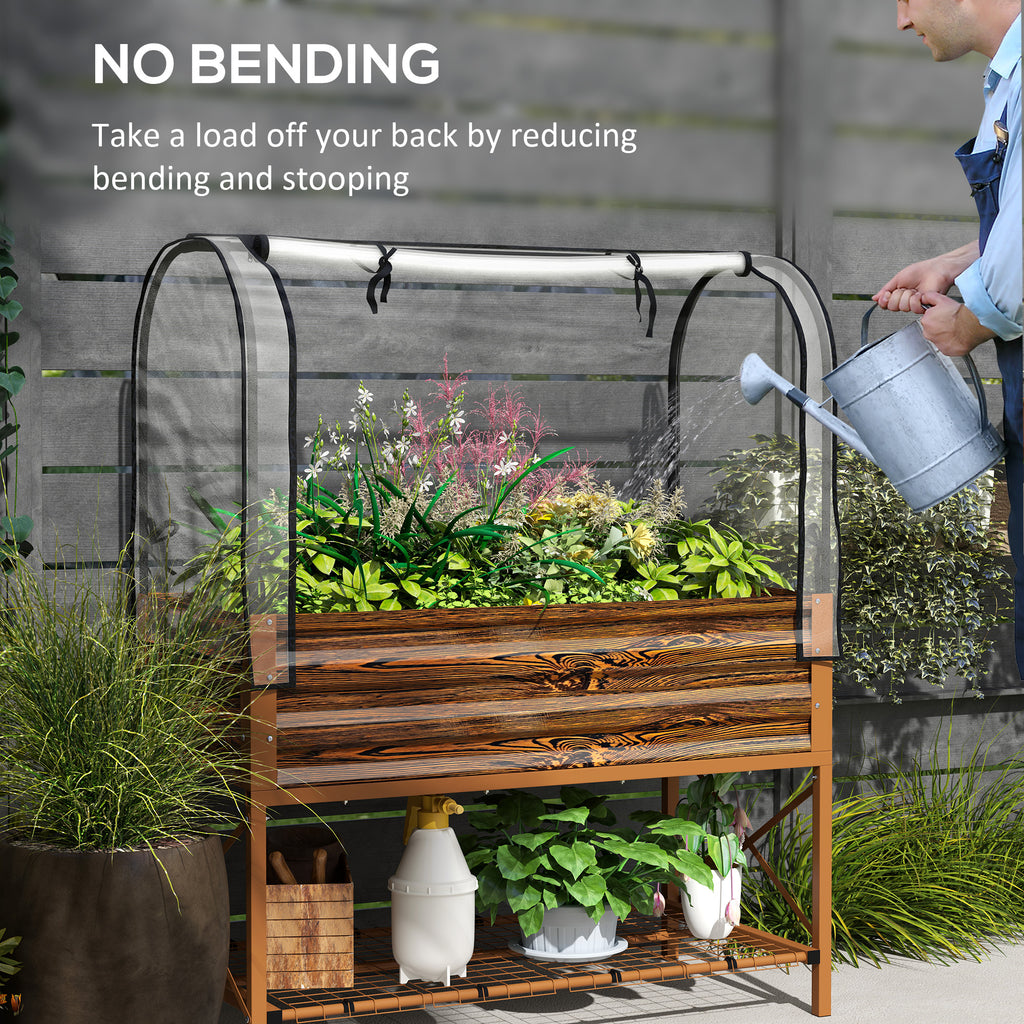 Raised Garden Bed with Cover, Metal Elevated Planter Box with Bottom Shelf and Liner, Dark Brown Wood Effect