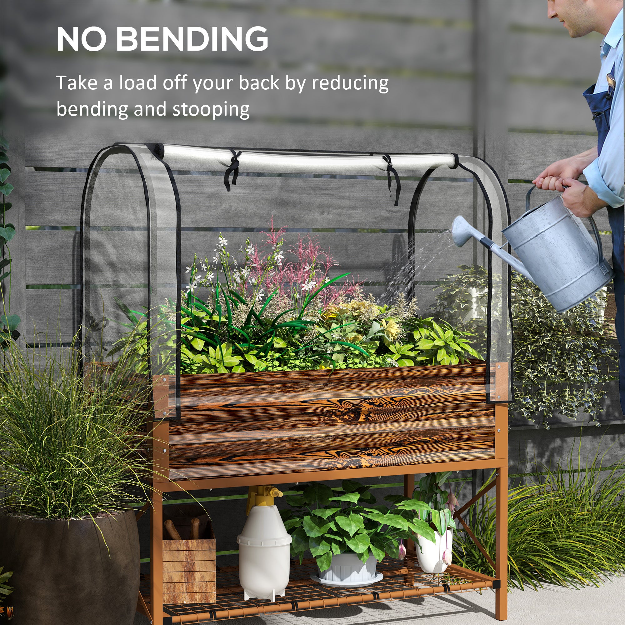 Raised Garden Bed with Cover, Metal Elevated Planter Box with Bottom Shelf and Liner, Dark Brown Wood Effect