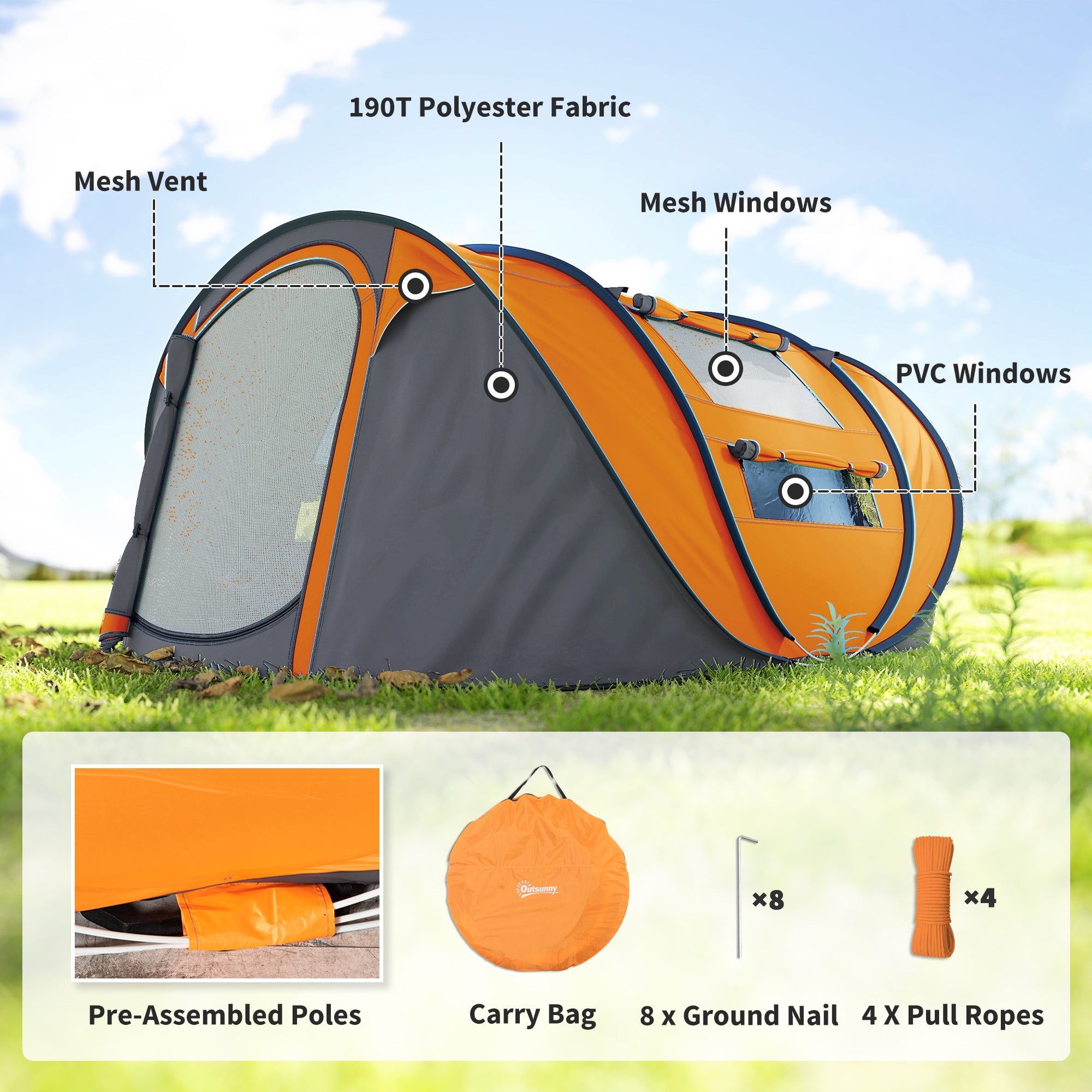 4 Person Camping Tent, Easy Pop Up Tent with Doors, Windows and Carry Bag, Automatic Setup Tent for Hiking, Orange
