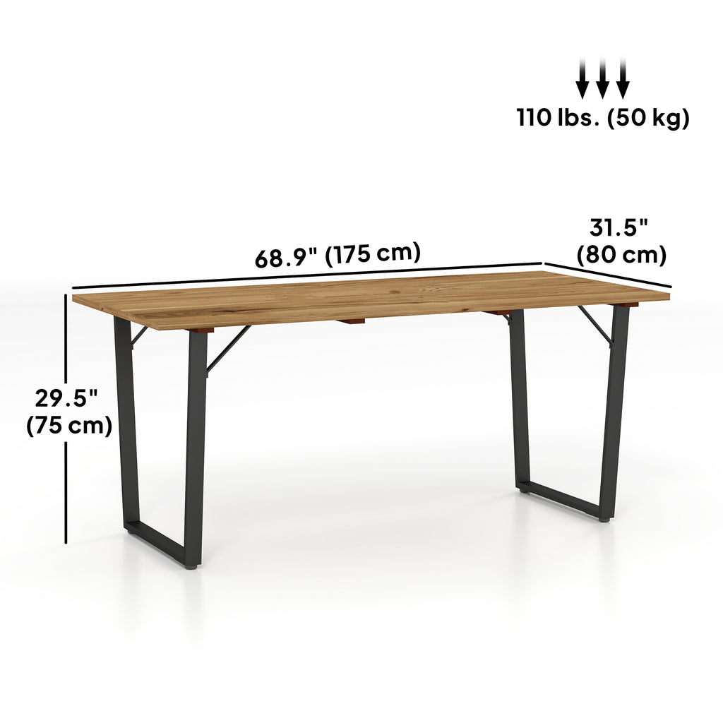 Wooden Outdoor Dining Table for 6 with 2" Umbrella Hole, Slatted Tabletop, Metal Frame, for Yard, Deck, Lawn