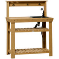 Outdoor Potting Bench Table with Faucet, Removable Sink, Hooks and Storage Shelves, Wood Work Bench Workstation for Greenhouse, Garden, Patio, Yellow