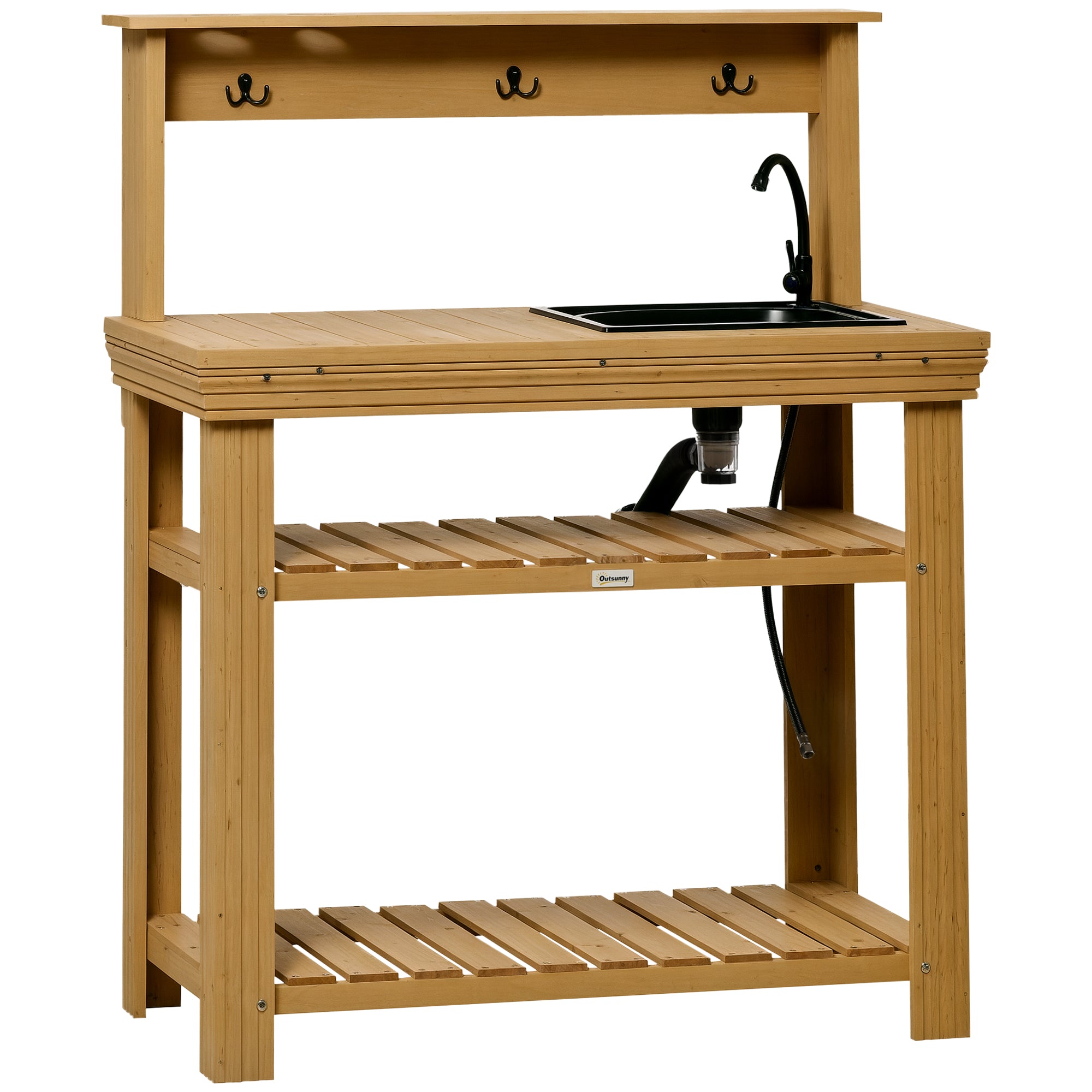 Outdoor Potting Bench Table with Faucet, Removable Sink, Hooks and Storage Shelves, Wood Work Bench Workstation for Greenhouse, Garden, Patio, Yellow