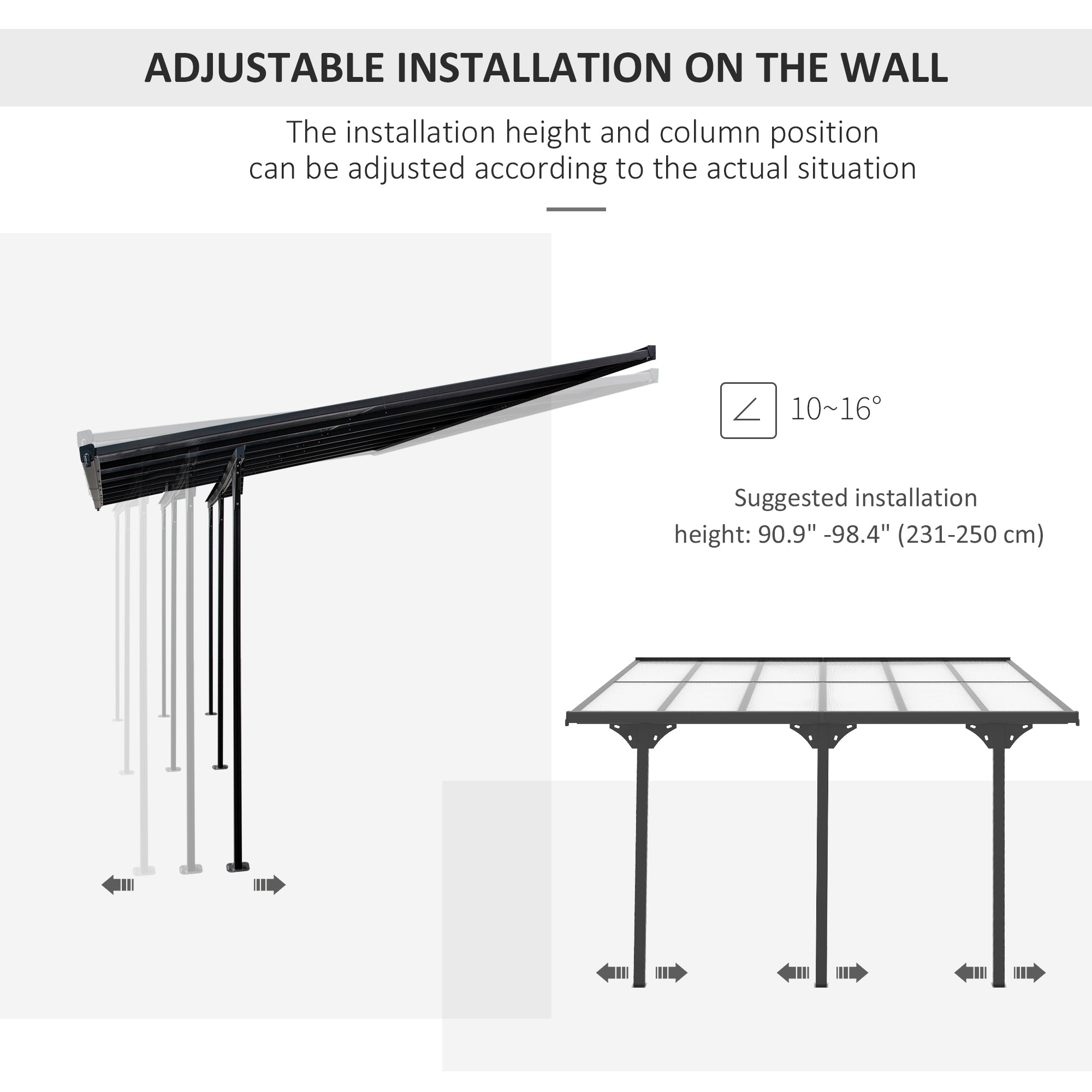 10' x 12' Outdoor Hardtop Pergola Gazebo with Polycarbonate Roof Adjustable Height, Aluminum Frame, UV Protection, Grey