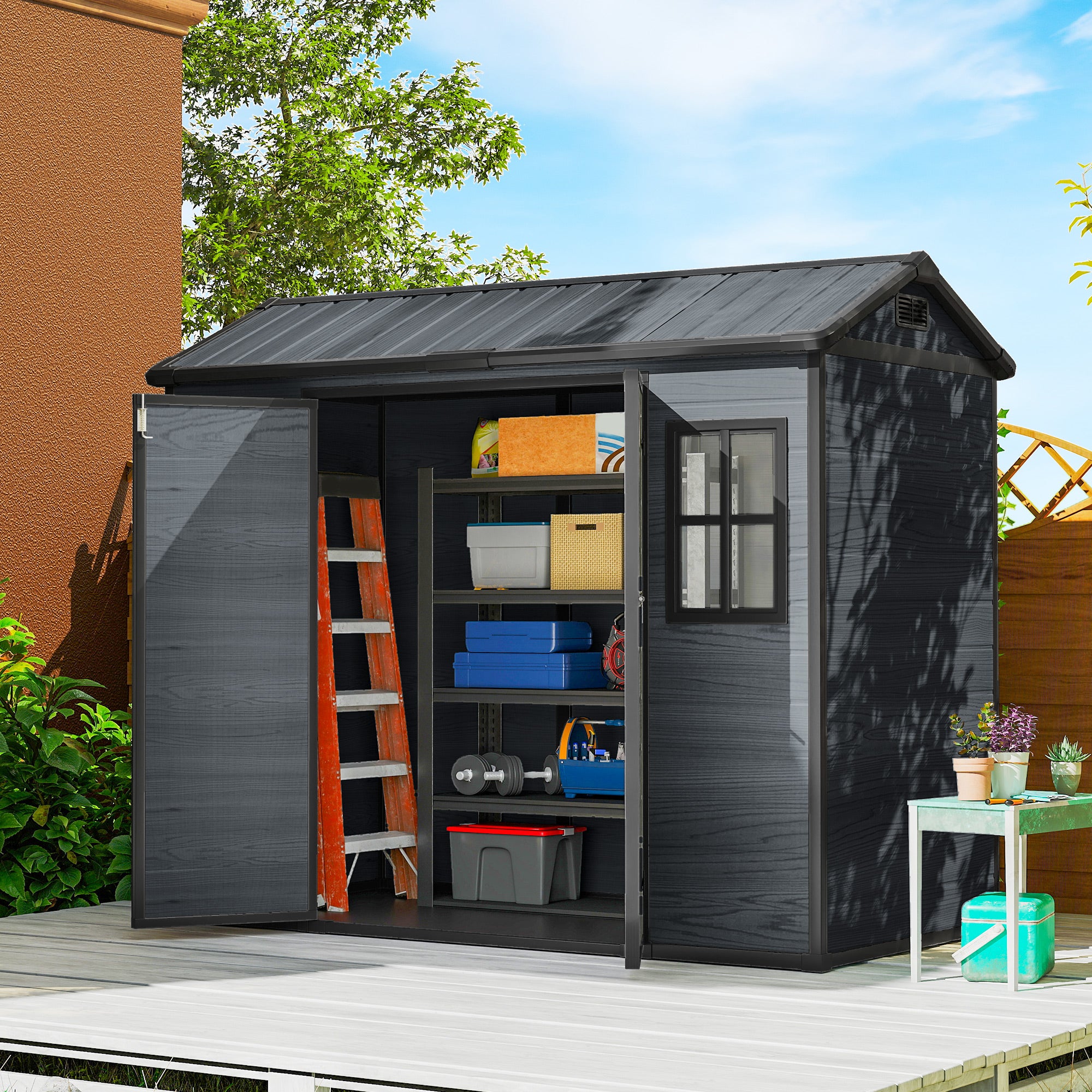 8 x 4 ft Plastic Garden Shed, Wood-Effect Outdoor Storage Shed with Floor, Windows, Lockable Doors and Vents, Dark Grey