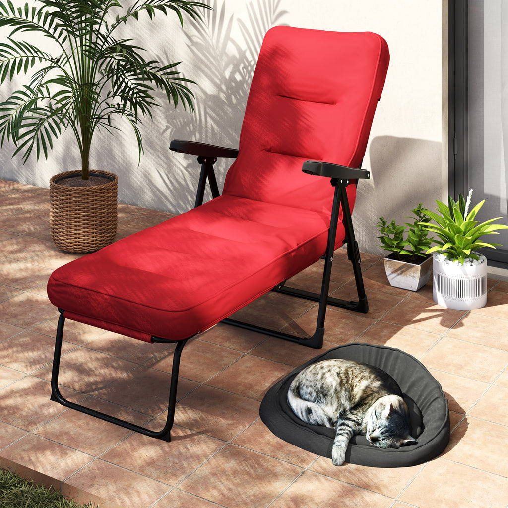 Folding Outdoor Lounge Chair with Cushion, Adjustable Backrest, Reclining Patio Garden Chair with Footrest, Wine Red
