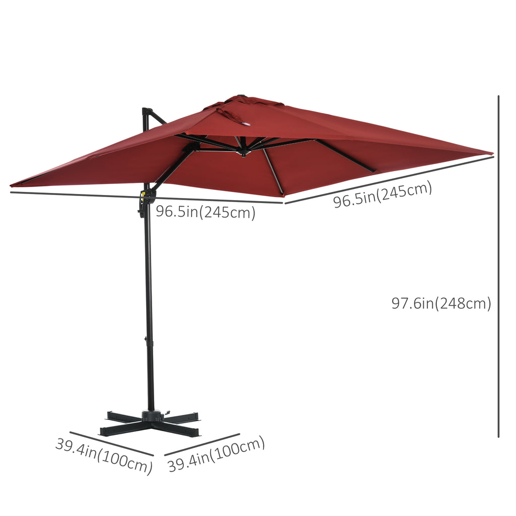 8' x 8' Square Patio Hanging Offset Umbrella with 360Â° Rotation, Aluminum Outdoor Cantilever Parasol with Crank & Tilt, Sun Canopy Shelter with Cross Base, Wine Red