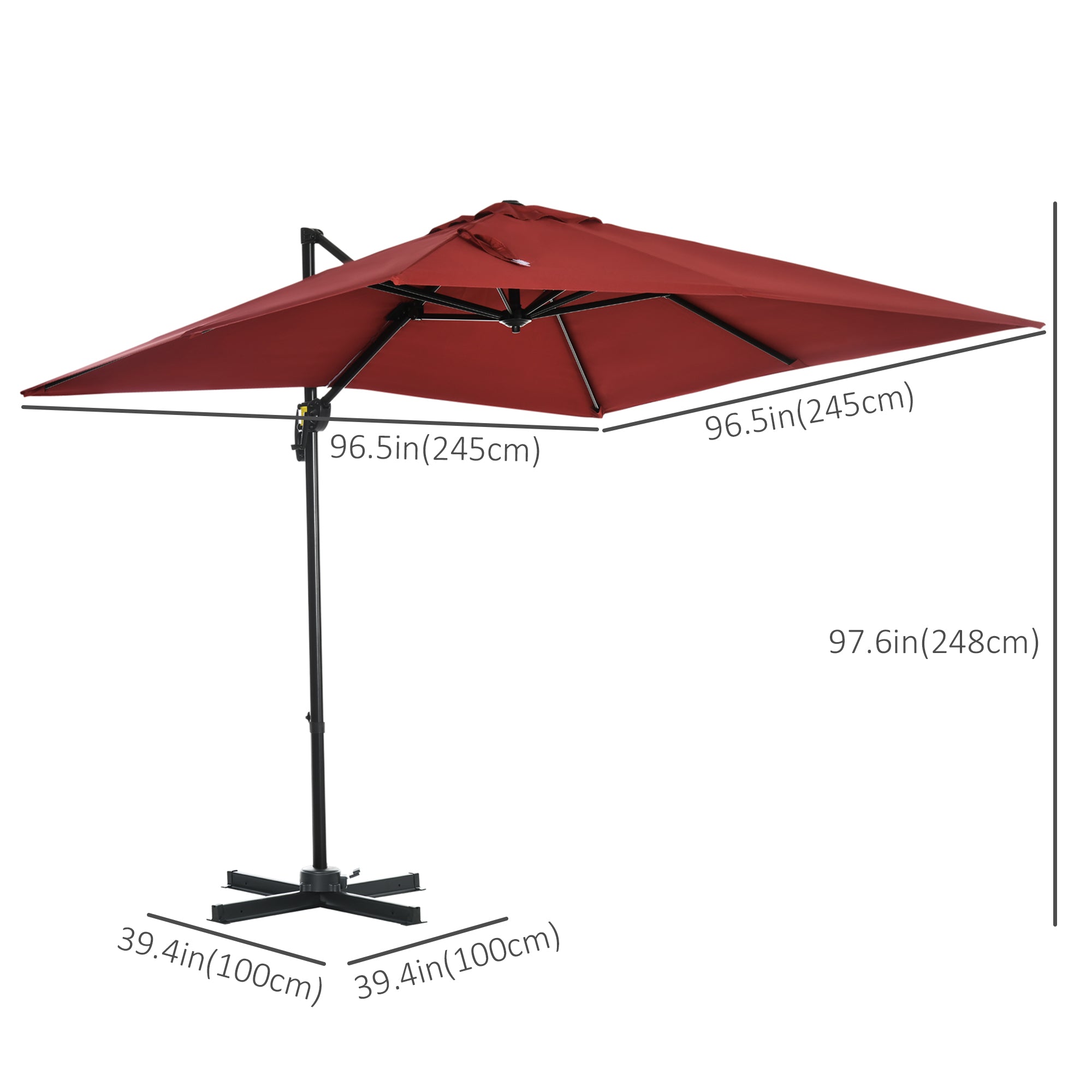 8' x 8' Square Patio Hanging Offset Umbrella with 360Â° Rotation, Aluminum Outdoor Cantilever Parasol with Crank & Tilt, Sun Canopy Shelter with Cross Base, Wine Red