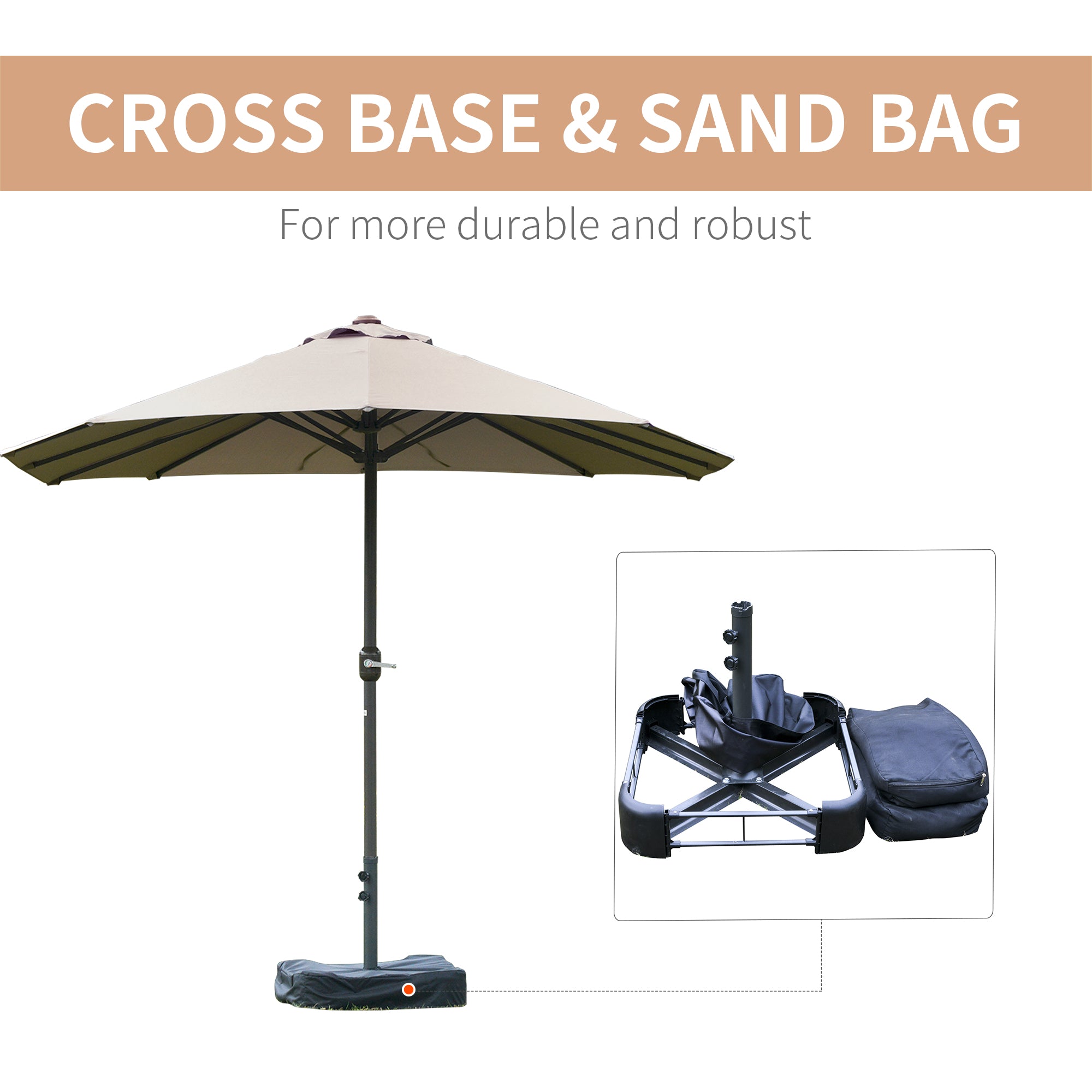 15' Outdoor Patio Umbrella with Twin Canopy Sunshade Steel Table Umbrella w/ Lift Crank, Cross base, Sandbag, Light Grey