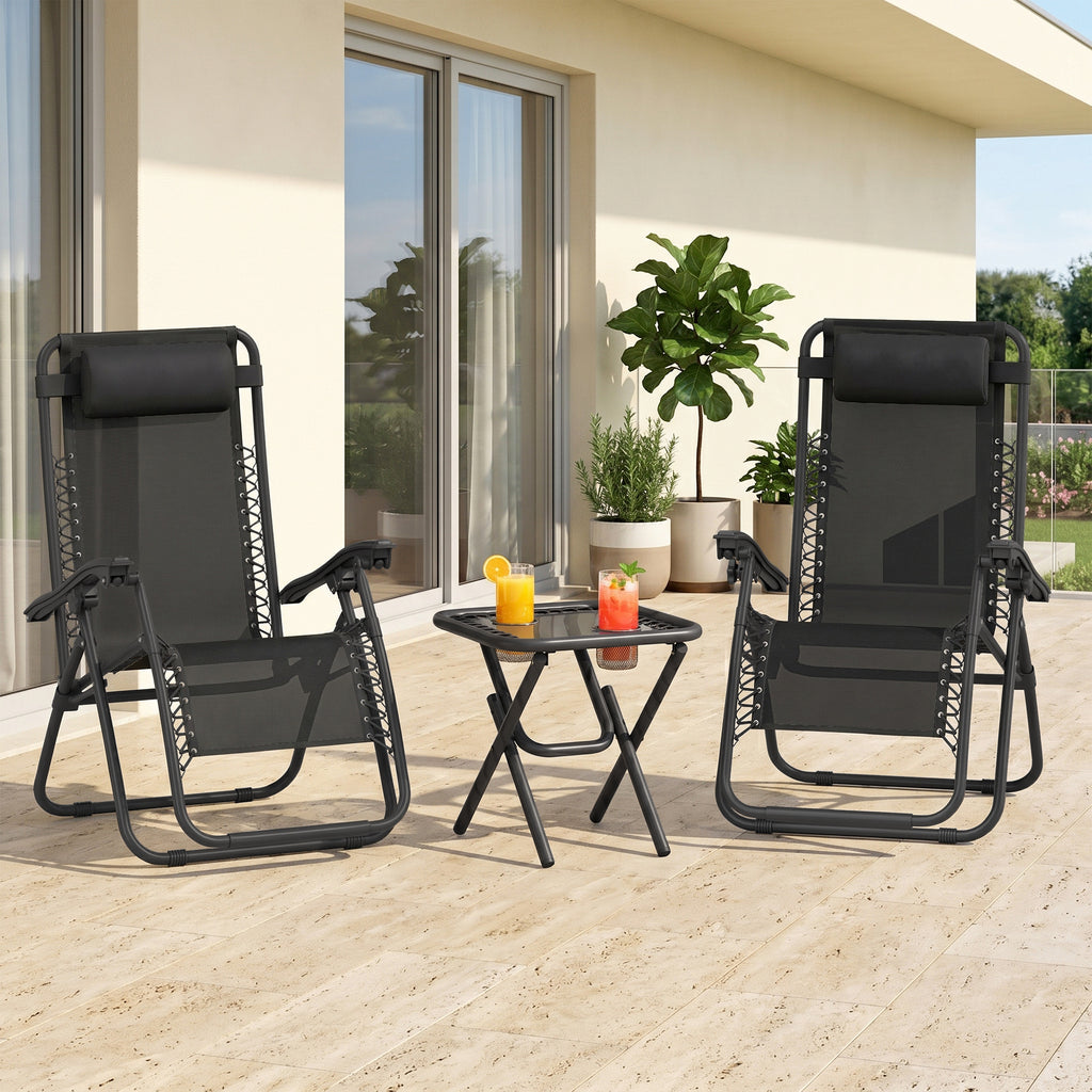 Zero Gravity Chair Set of 2 Patio Chair with Side Table Cupholders and Pillows for Pool, Backyard, Lawn, Black
