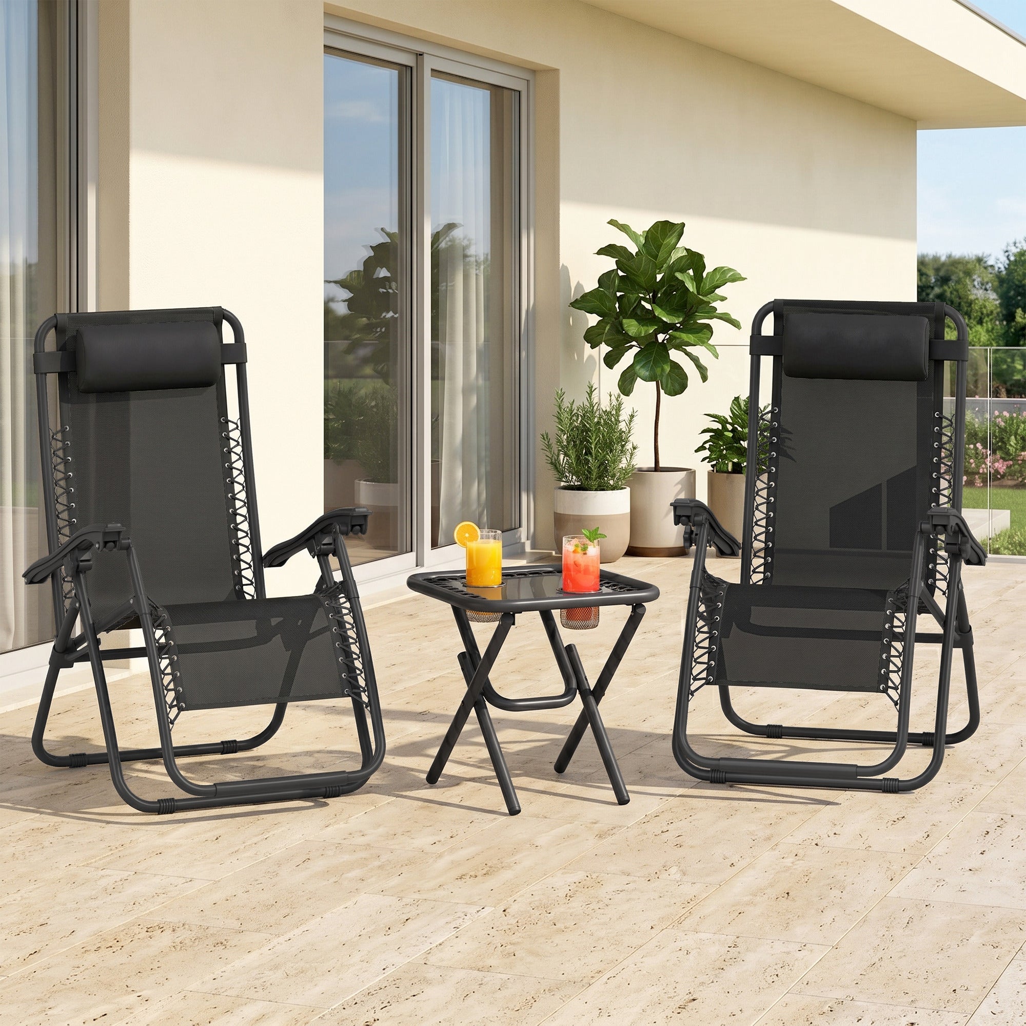 Zero Gravity Chair Set of 2 Patio Chair with Side Table Cupholders and Pillows for Pool, Backyard, Lawn, Black