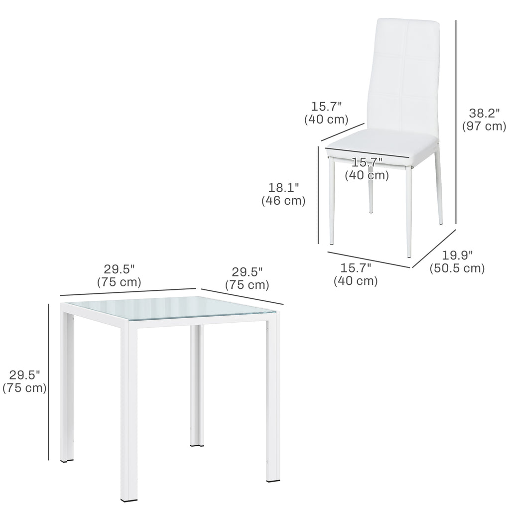 3-Piece Rectangular Glass Kitchen Table and Chairs with Metal Frame and Faux Leather Upholstery for Dining Room, White