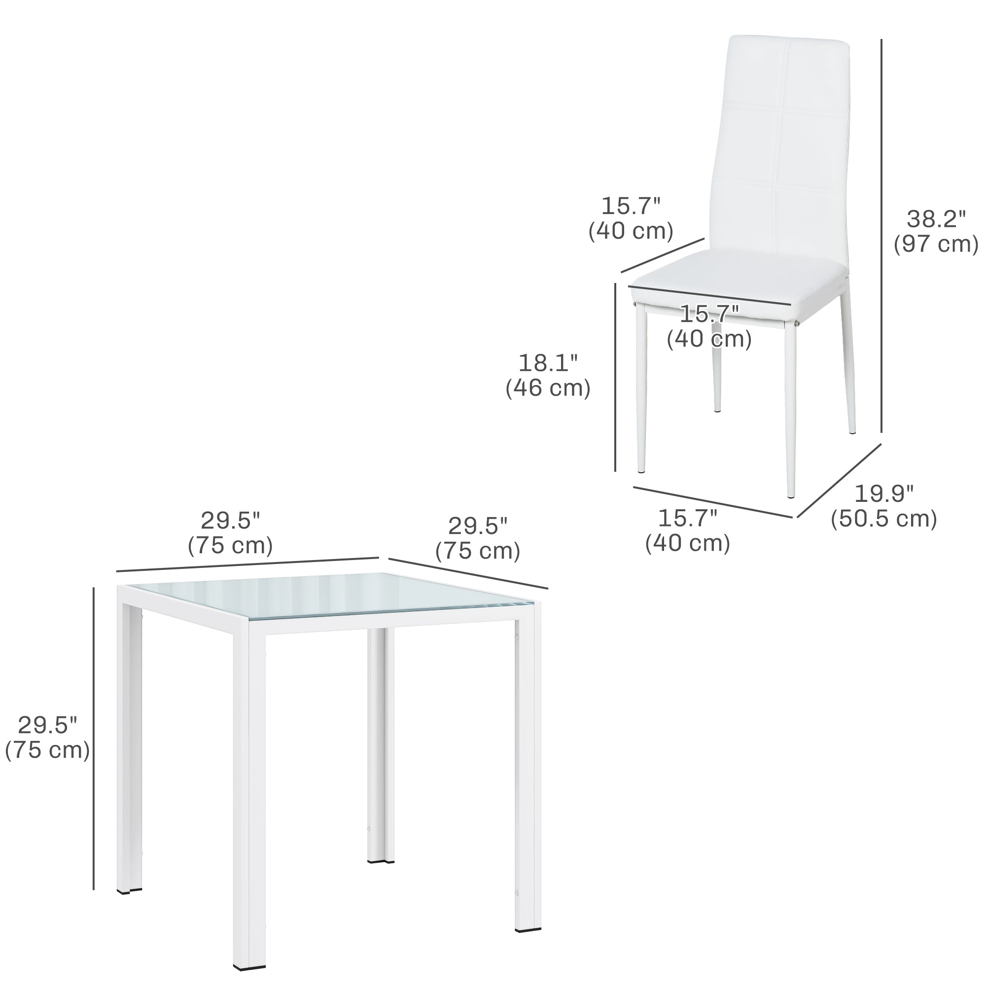 3-Piece Rectangular Glass Kitchen Table and Chairs with Metal Frame and Faux Leather Upholstery for Dining Room, White