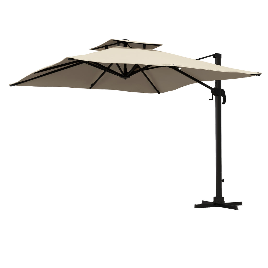 10ft Square Cantilever Patio Umbrella, 360Â° Rotating Overhanging Umbrella with Cross Base, Crank Handle, Khaki