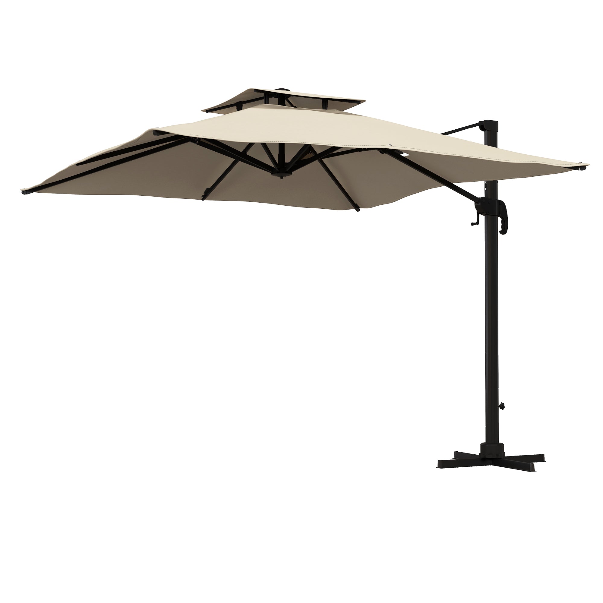 10ft Square Cantilever Patio Umbrella, 360Â° Rotating Overhanging Umbrella with Cross Base, Crank Handle, Khaki