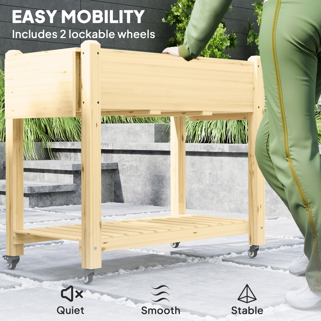 Raised Garden Bed, Wood Planter Box with Lockable Wheels, Side Tables, Bottom Shelf, Bed Liner, Drain Holes, Natural