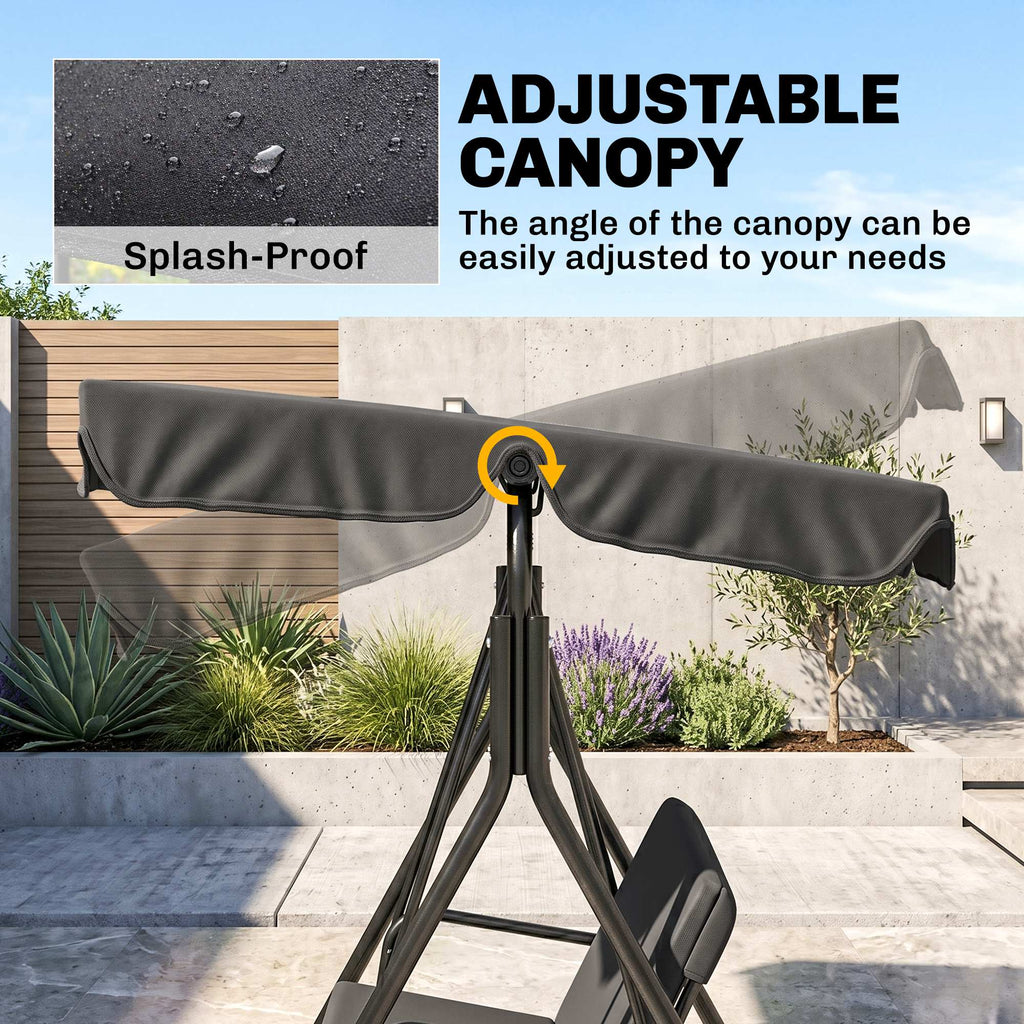 3-Seater Outdoor Porch Swing with Adjustable Canopy, Patio Swing Chair for Garden, Poolside, Backyard, Black