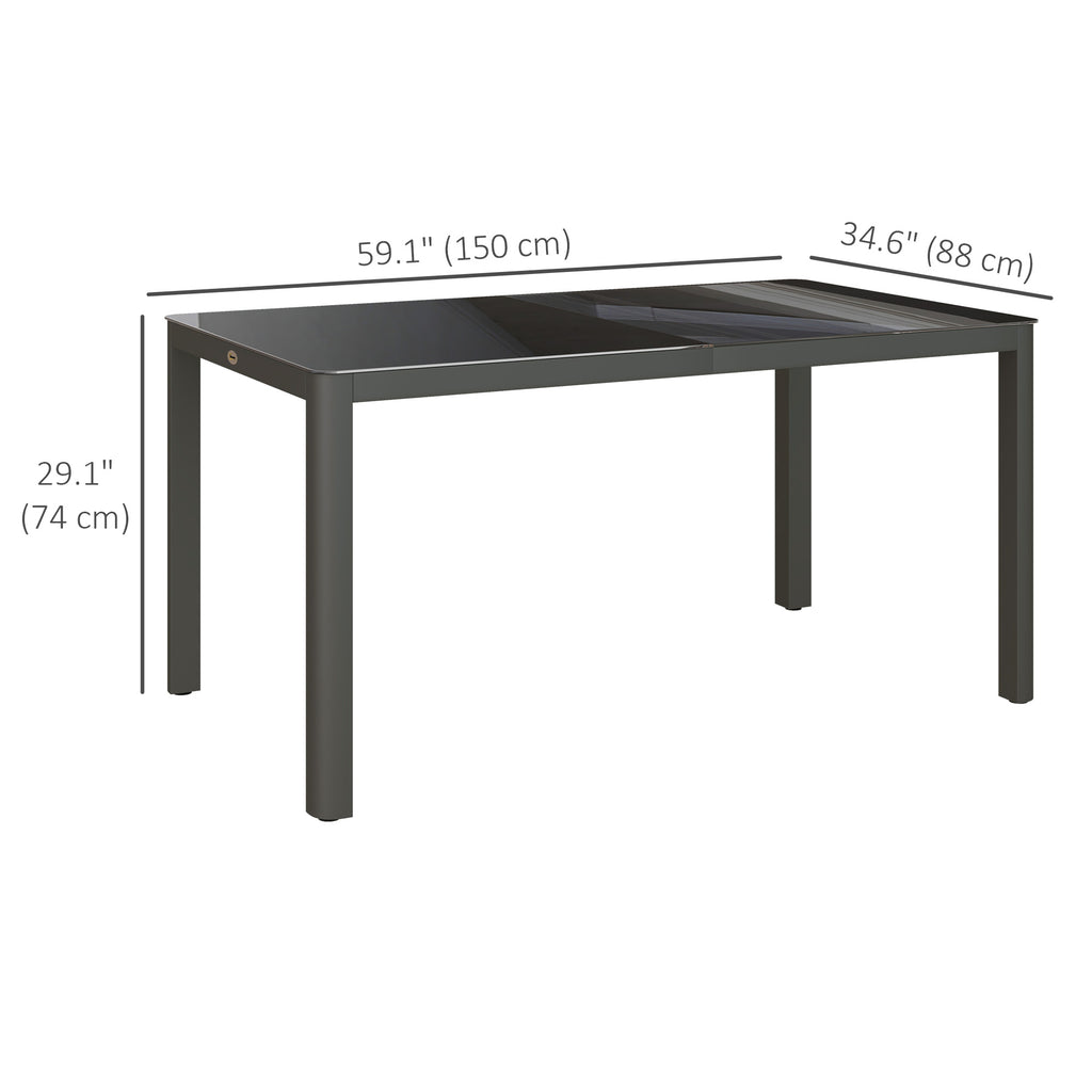 59" x 35" Aluminium Outdoor Dining Table for 6, with Glass Tabletop, Grey