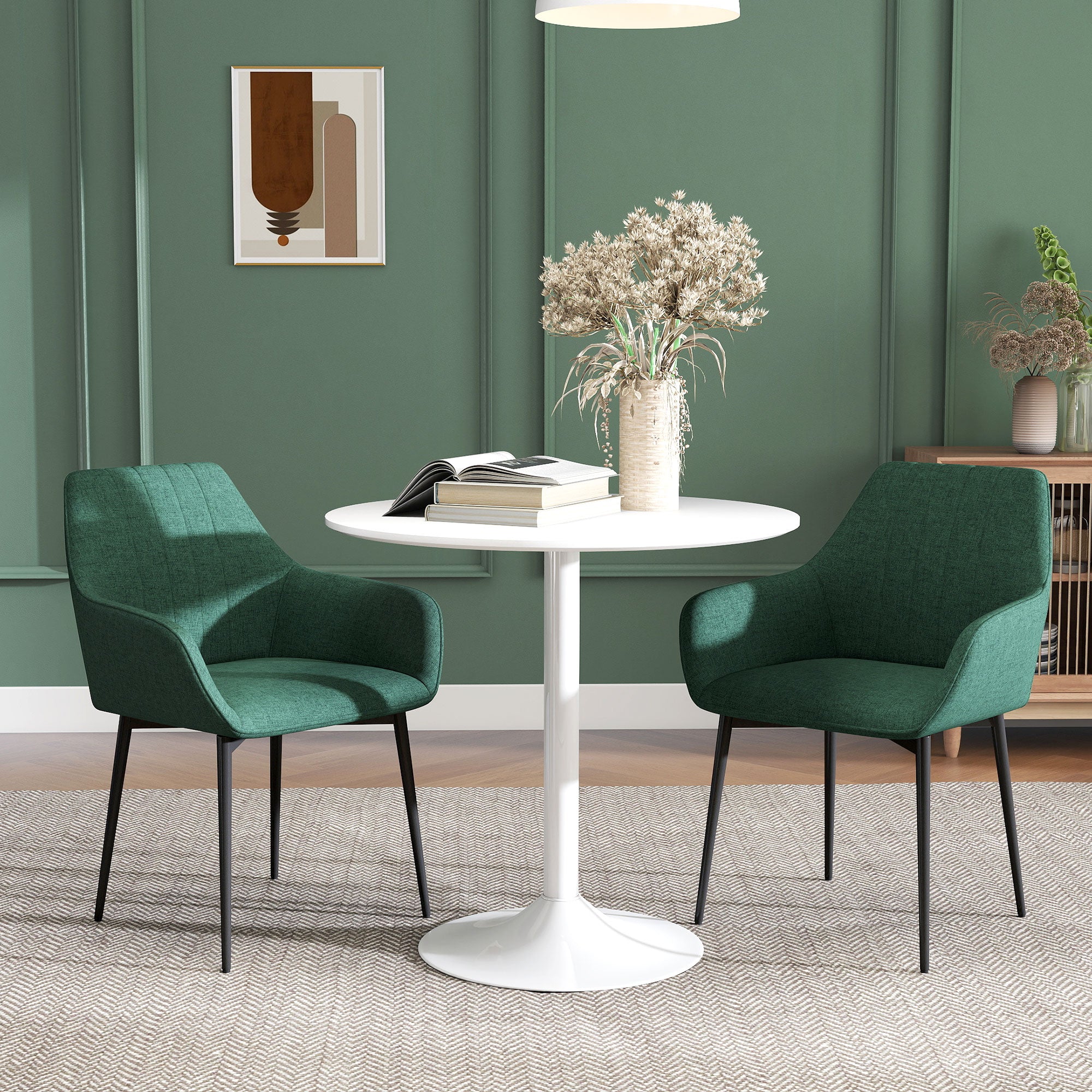 Dining Chairs Set of 2, Upholstered Linen Fabric Accent Chairs with Metal Legs, Dark Green