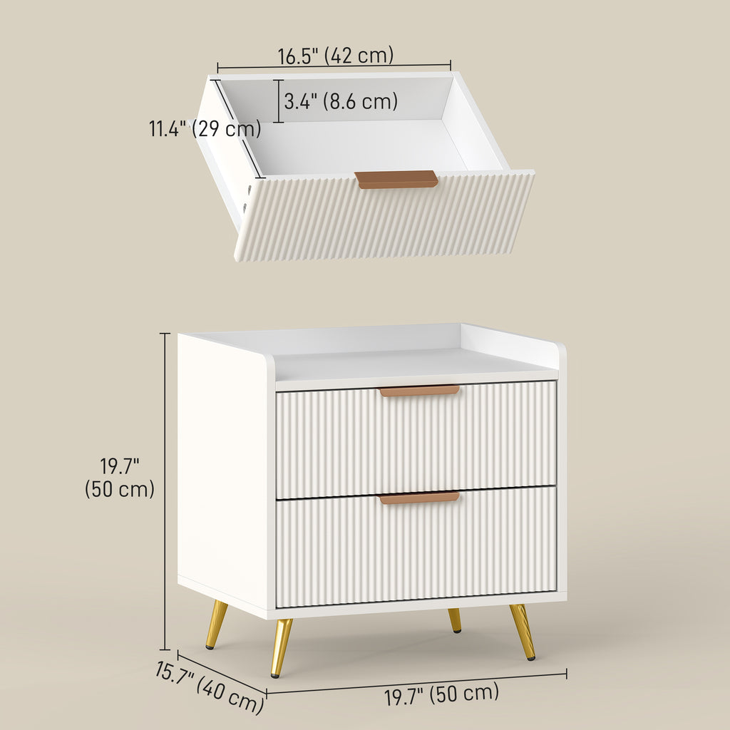 Bedside Table, Nightstand with 2 Drawers, Side End Table with Metal Legs for Bedroom, White