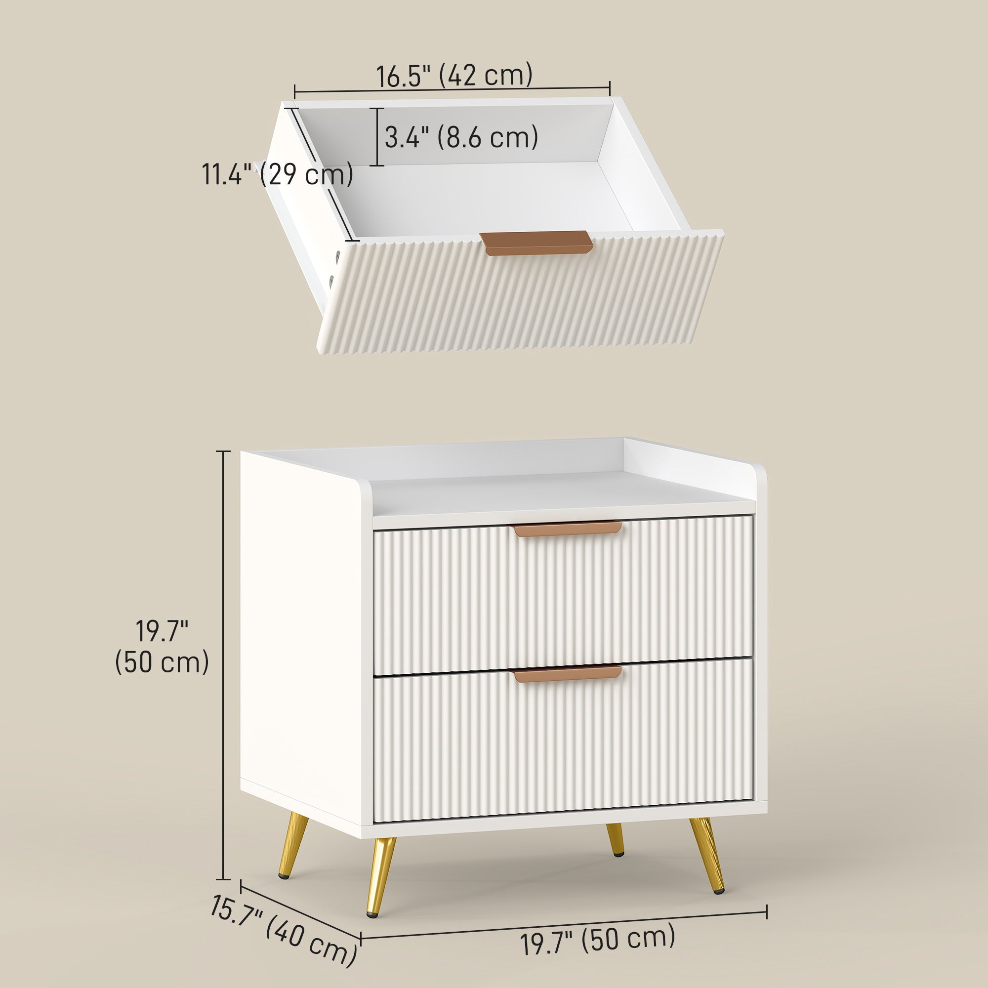 Bedside Table, Nightstand with 2 Drawers, Side End Table with Metal Legs for Bedroom, White