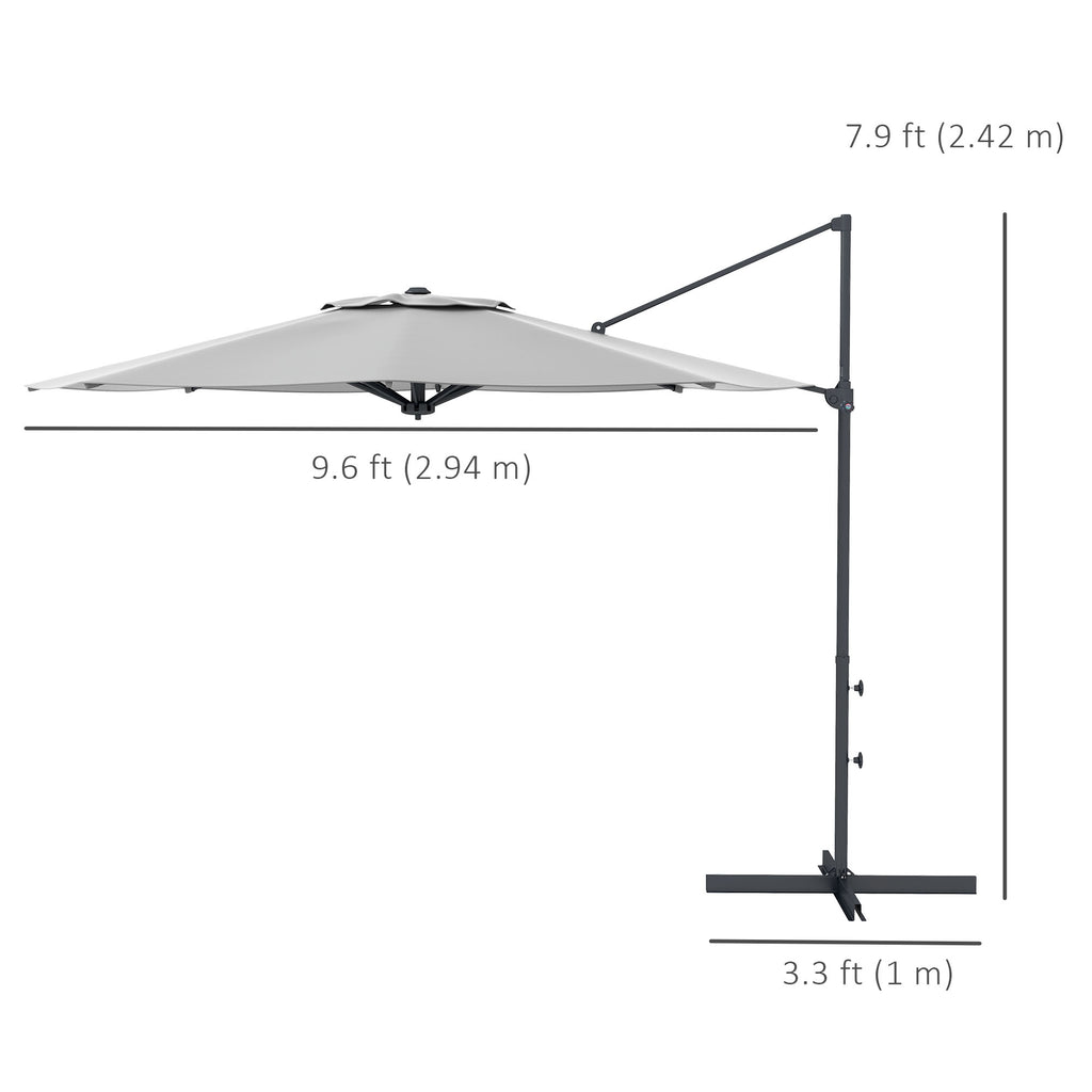 10 FT Cantilever Umbrella, Aluminum Hanging Offset Umbrella with 360Â°Rotation, Crank, Tilt, Cross Base, Grey