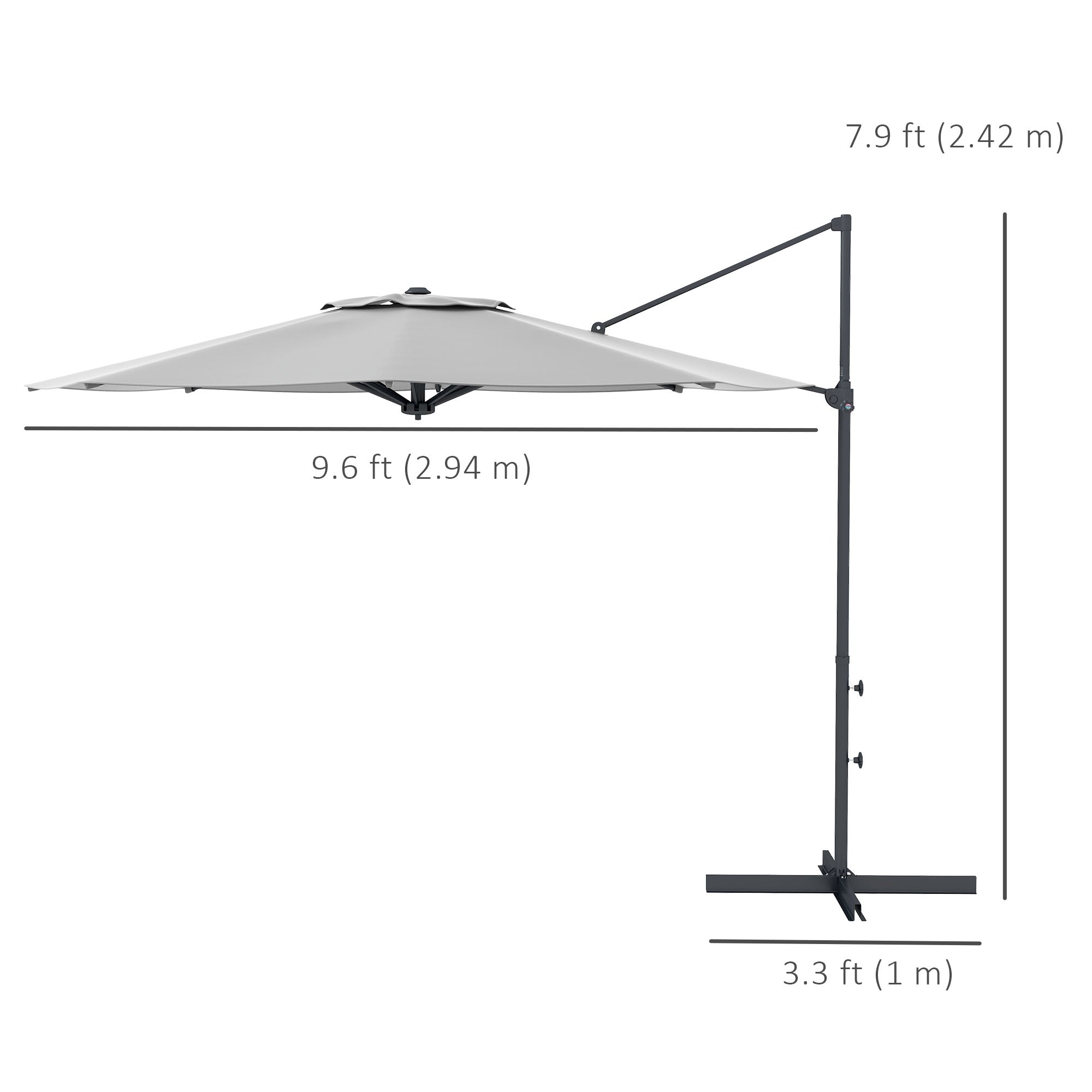10 FT Cantilever Umbrella, Aluminum Hanging Offset Umbrella with 360Â°Rotation, Crank, Tilt, Cross Base, Grey