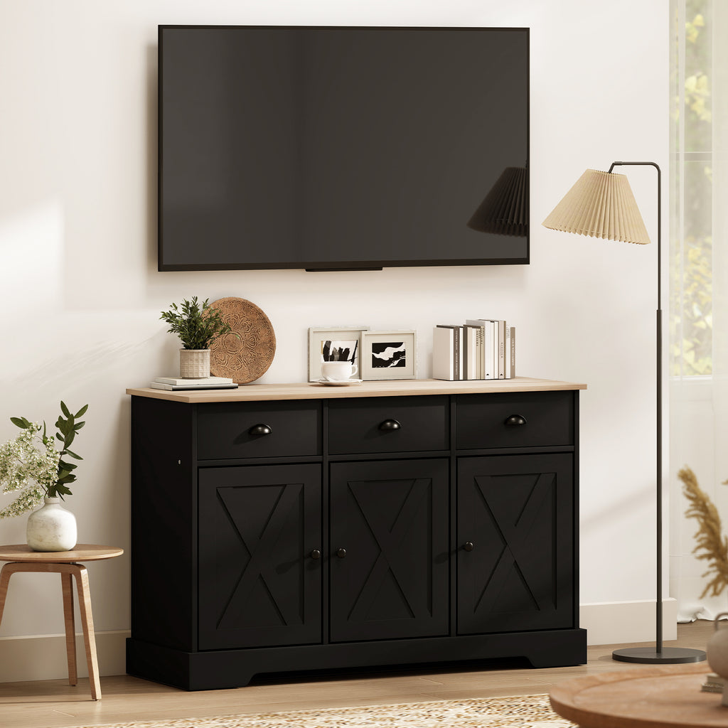 46.5" Buffet Cabinet, Farmhouse Sideboard with 3 Barn Doors and 3 Drawers for Living Room, Kitchen, Black