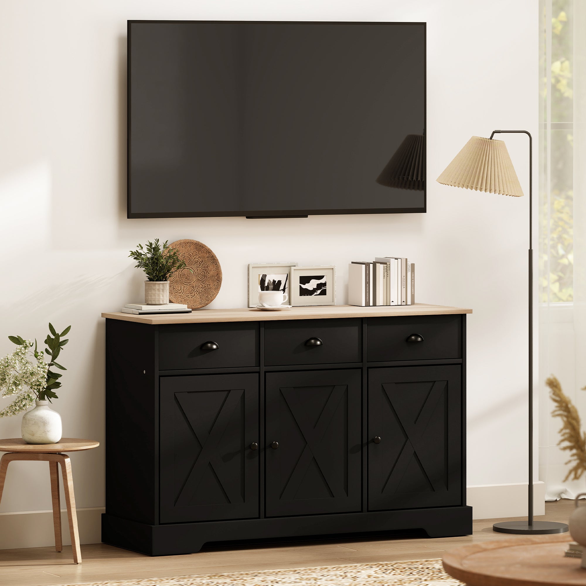 46.5" Buffet Cabinet, Farmhouse Sideboard with 3 Barn Doors and 3 Drawers for Living Room, Kitchen, Black
