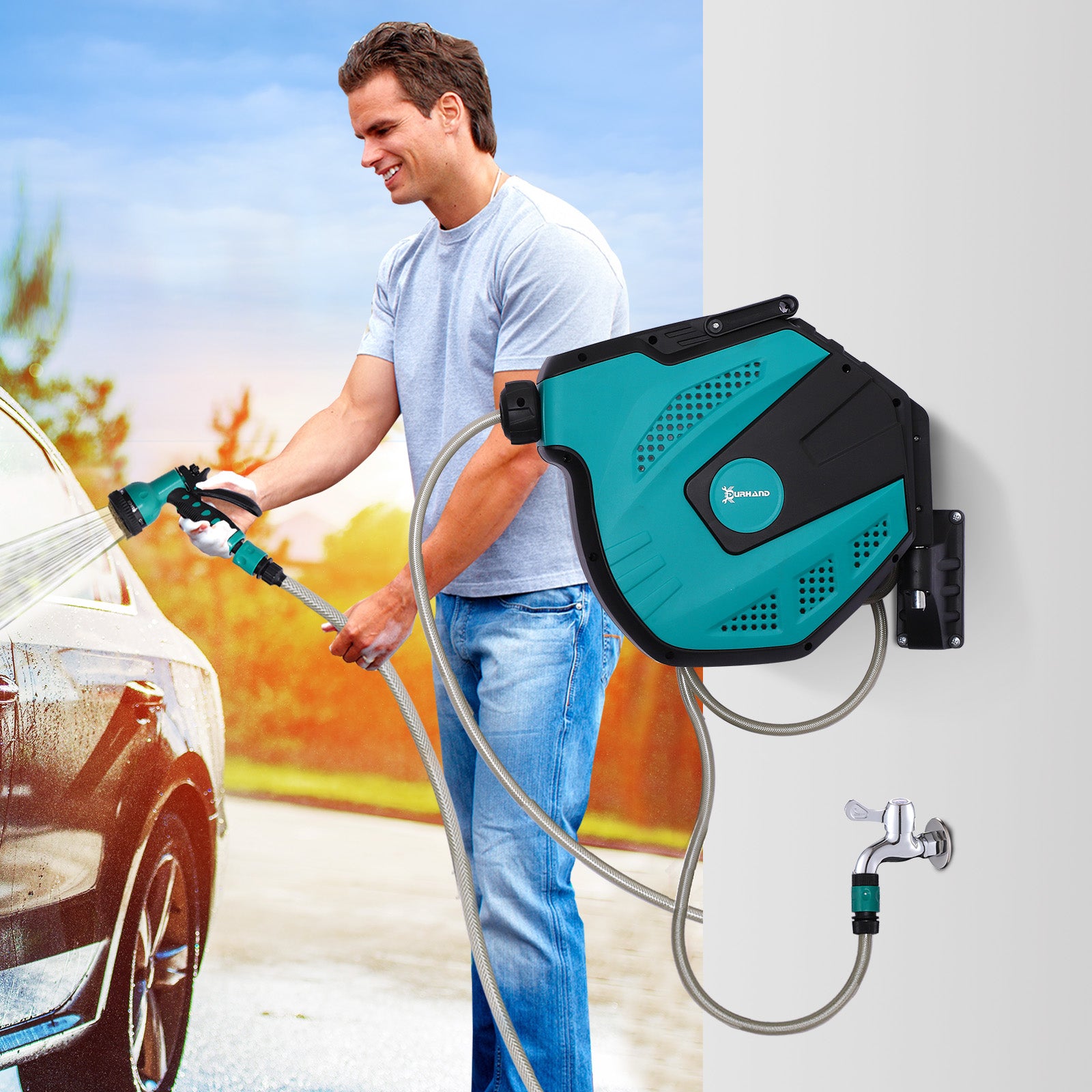 Retractable Garden Hose Reel 1/2" x 49 ft Wall Mounted with Automatic Rewind, 180Â° Swivel Bracket, Any Length Lock, 7 Pattern Hose Nozzle