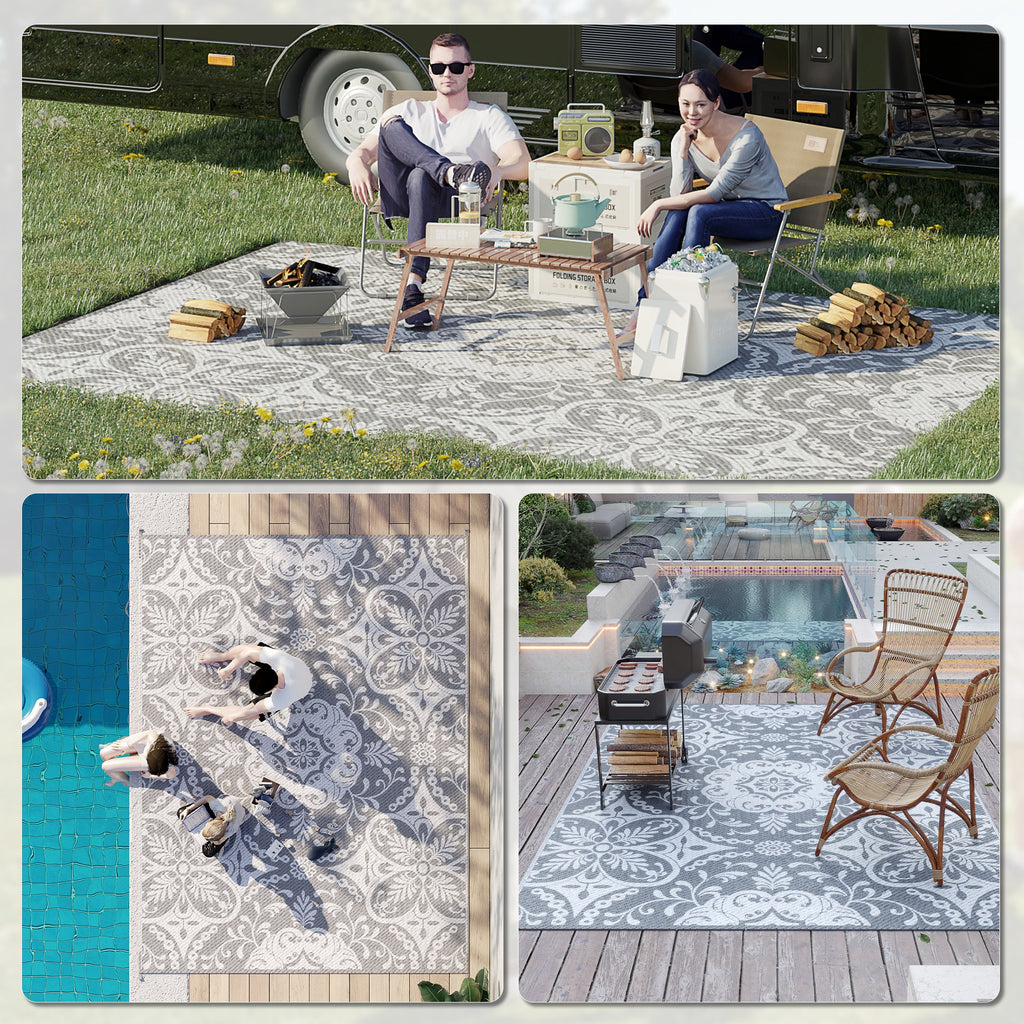 Portable Outdoor Rug with Carry Bag, 9' x 12' Reversible Mat, Waterproof Plastic Straw RV Rug for Backyard, Deck, Picnic, Beach, Camping, Gray & White Flower
