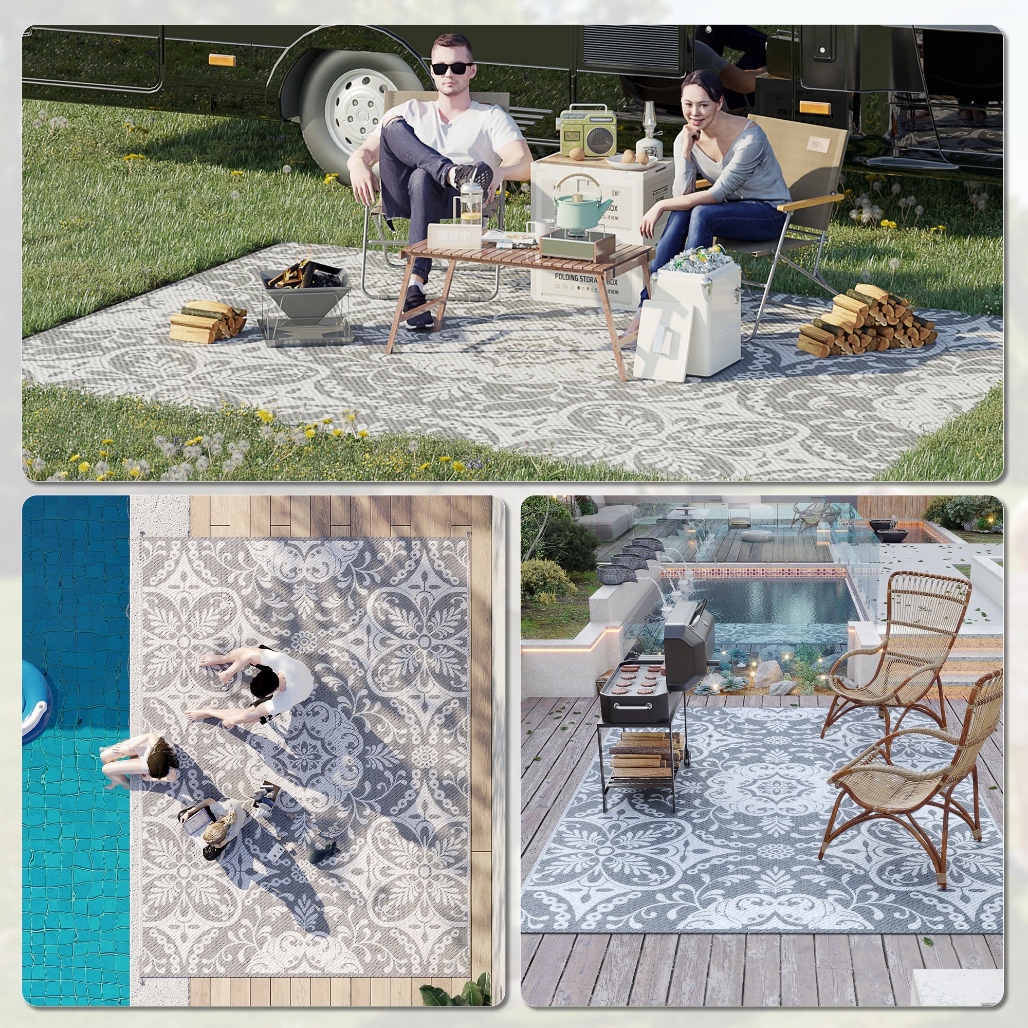 Portable Outdoor Rug with Carry Bag, 9' x 12' Reversible Mat, Waterproof Plastic Straw RV Rug for Backyard, Deck, Picnic, Beach, Camping, Gray & White Flower