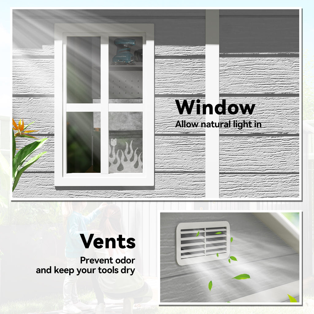 6x5 Plastic Garden Storage Shed with Floor Window Lockable Doors and Vents Outdoor Wood Effect Grey