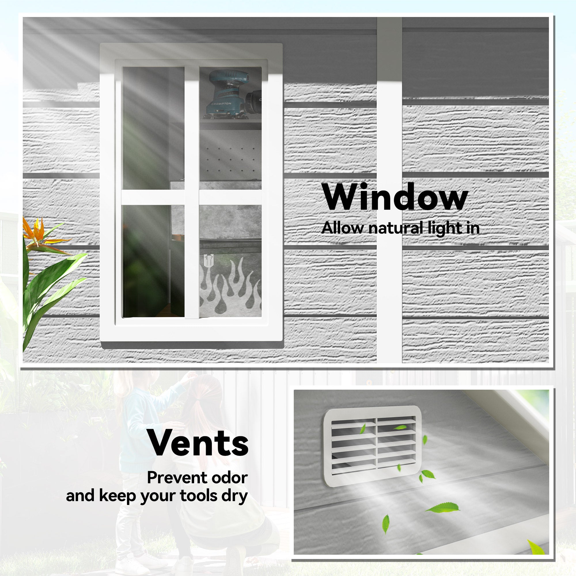 6x5 Plastic Garden Storage Shed with Floor Window Lockable Doors and Vents Outdoor Wood Effect Grey