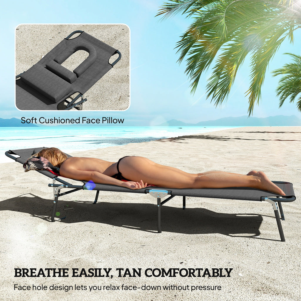 Folding Lounge Chair Set of 2, Reclining Beach Tanning Chair with Face Hole, Pillow, 4-Position Adjustable Flat Sun Lounger, Steel Frame for Outdoor Patio Pool, Grey