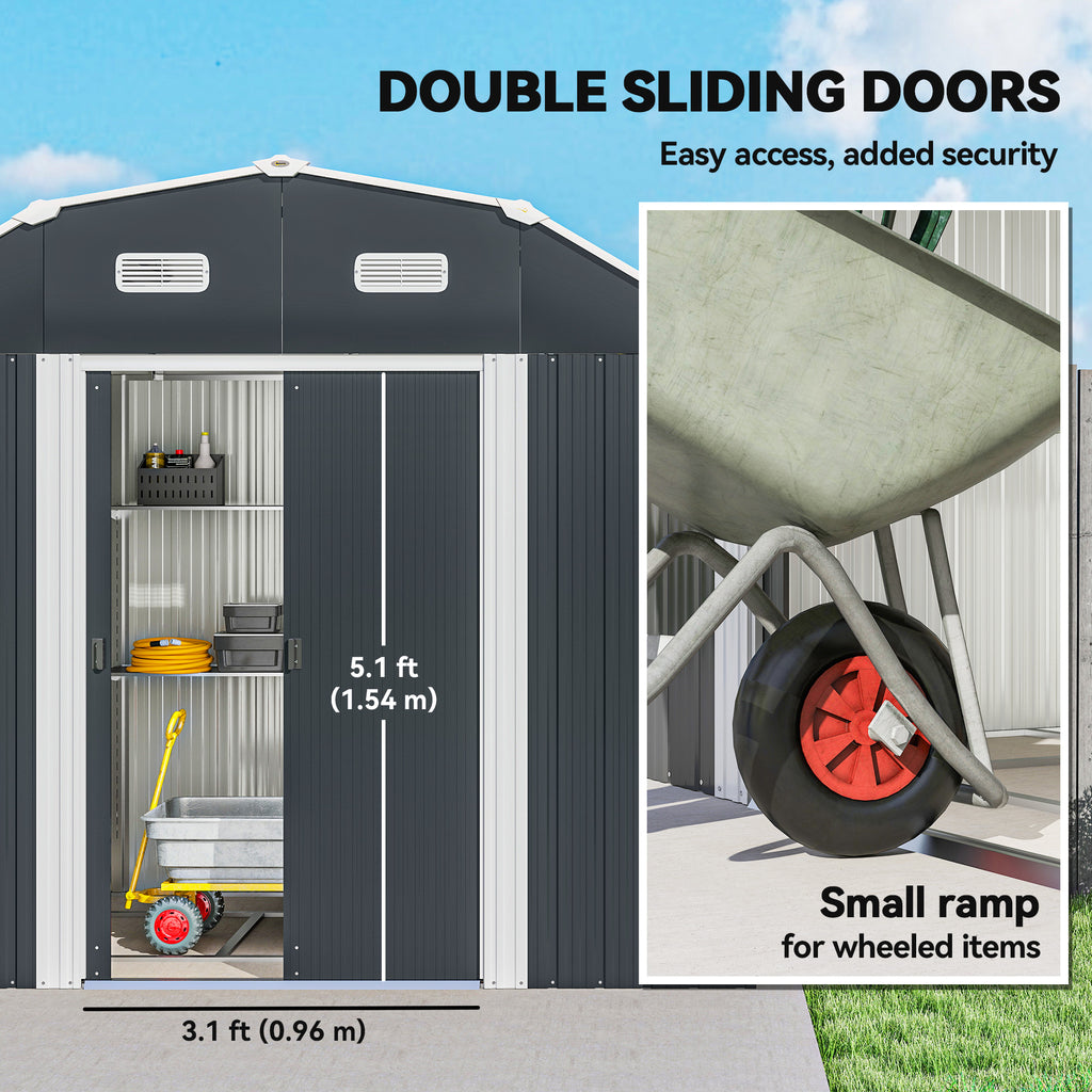 8' x 4' Galvanized Outdoor Storage Shed, Garden Shed with Adjustable Shelves, Double Sliding Doors and Vents