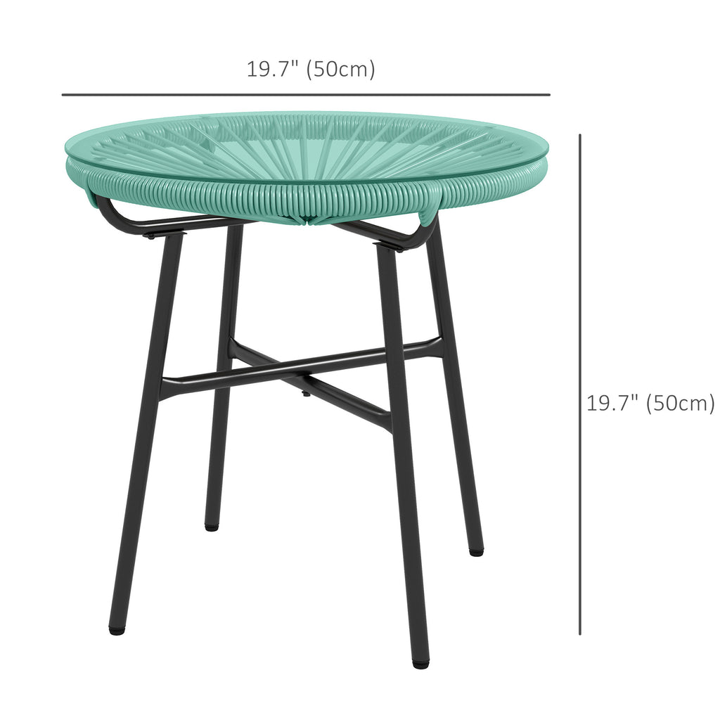 Rattan Side Table, Round Outdoor Table, with Round PE Rattan and Tempered Glass Table Top for Patio, Garden, Light Green
