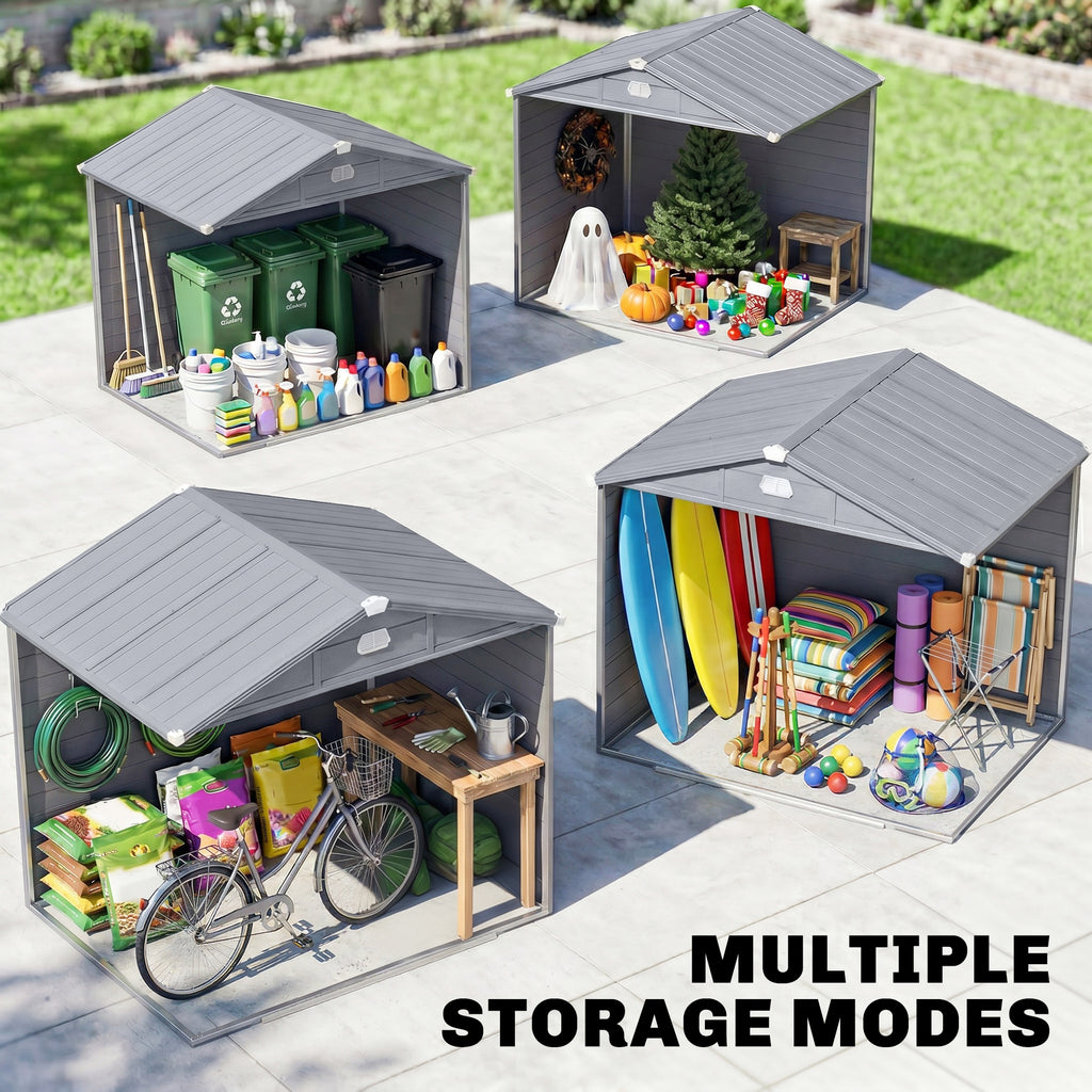 8' x 6' PP Garden Storage Shed with Latch Door, Vents, Window, Sloped Roof, Dark Grey