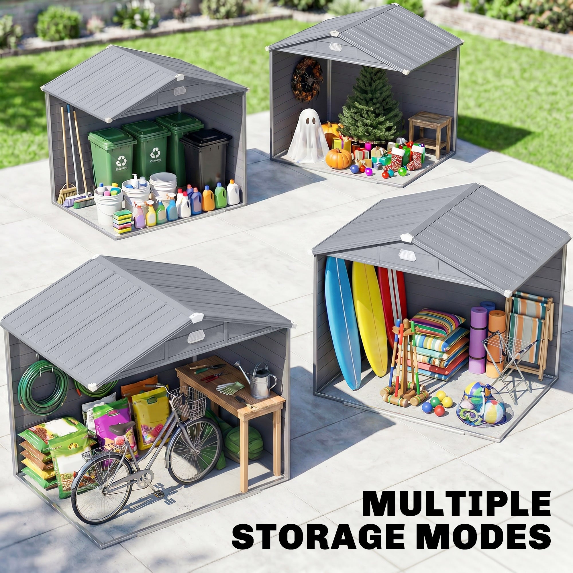 8' x 6' PP Garden Storage Shed with Latch Door, Vents, Window, Sloped Roof, Dark Grey