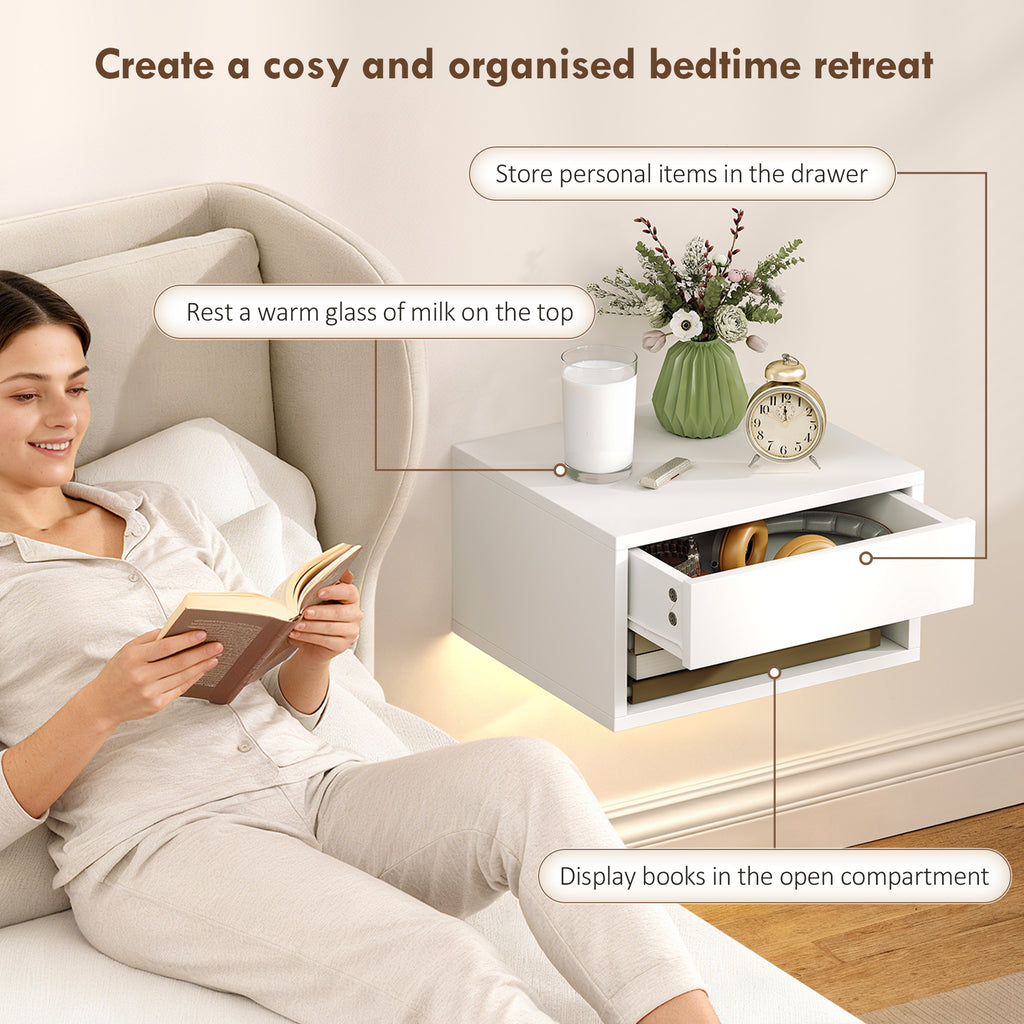 Floating Bedside Table Set of 2 with RGB LED Lights App Control