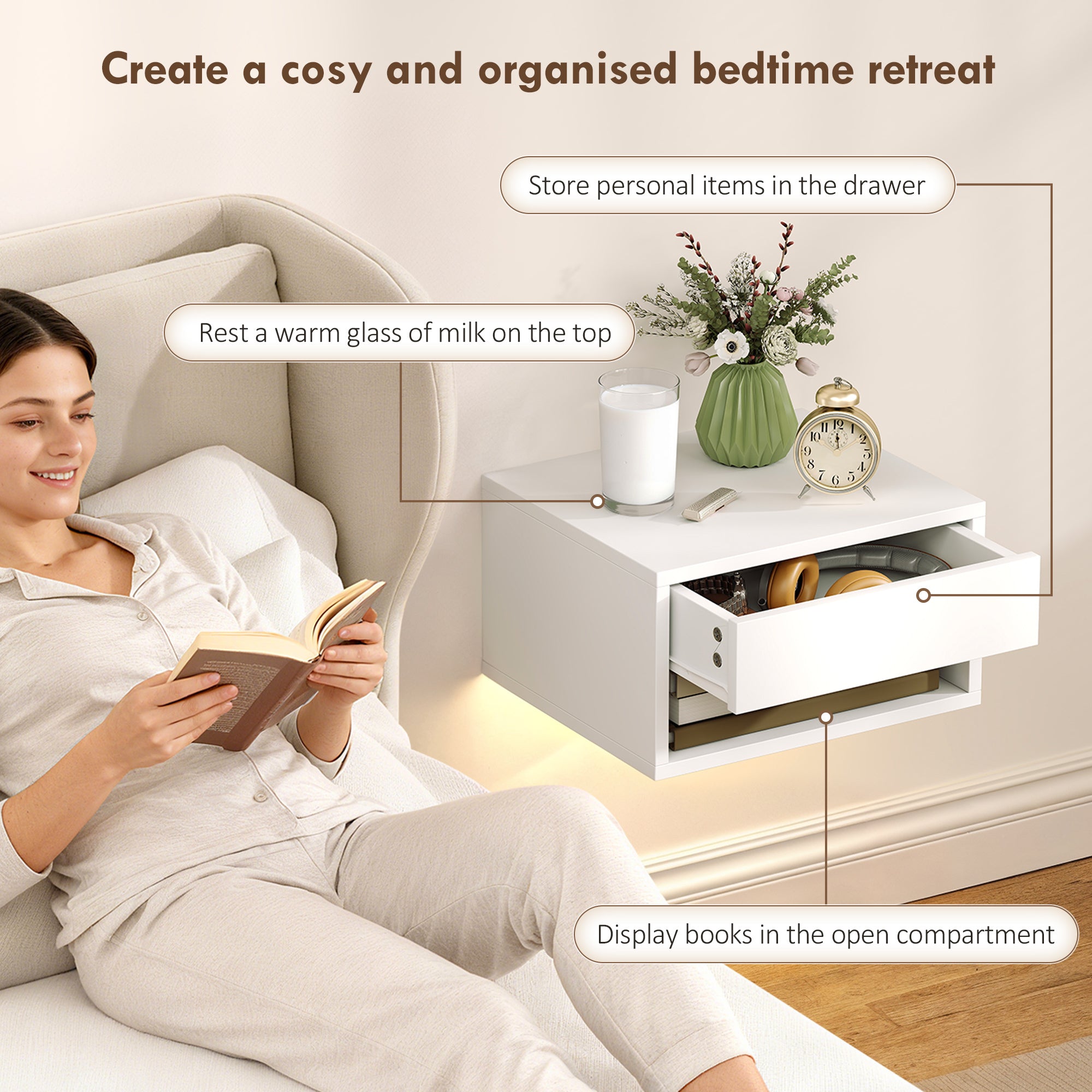 Floating Bedside Table Set of 2 with RGB LED Lights App Control