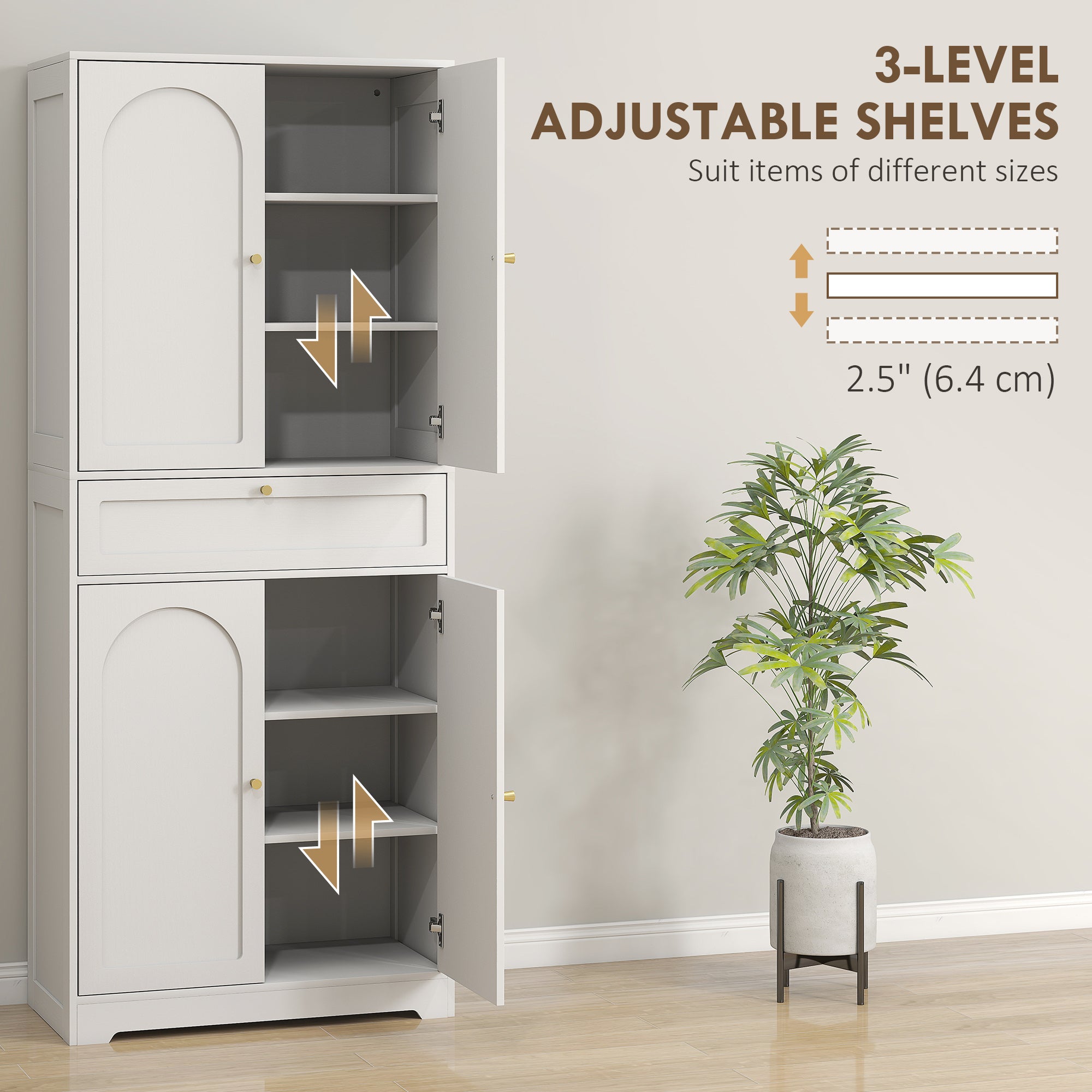 72.4" Tall Kitchen Pantry Cabinet, Modern Freestanding Storage Cabinet with Shaker Doors and Adjustable Shelves, White