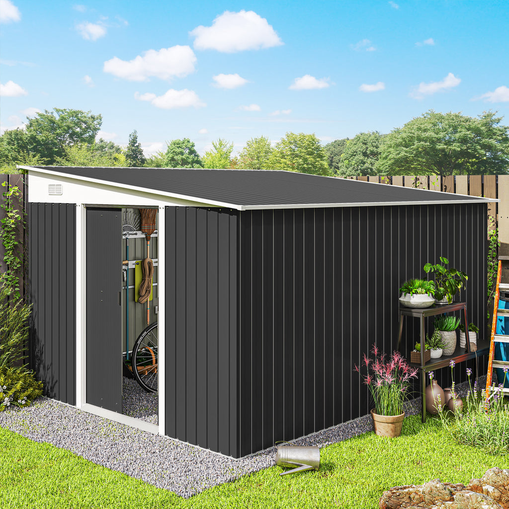 11' x 9' Steel Garden Storage Shed, Outdoor Metal Tool House with Double Sliding Doors, Dark Grey