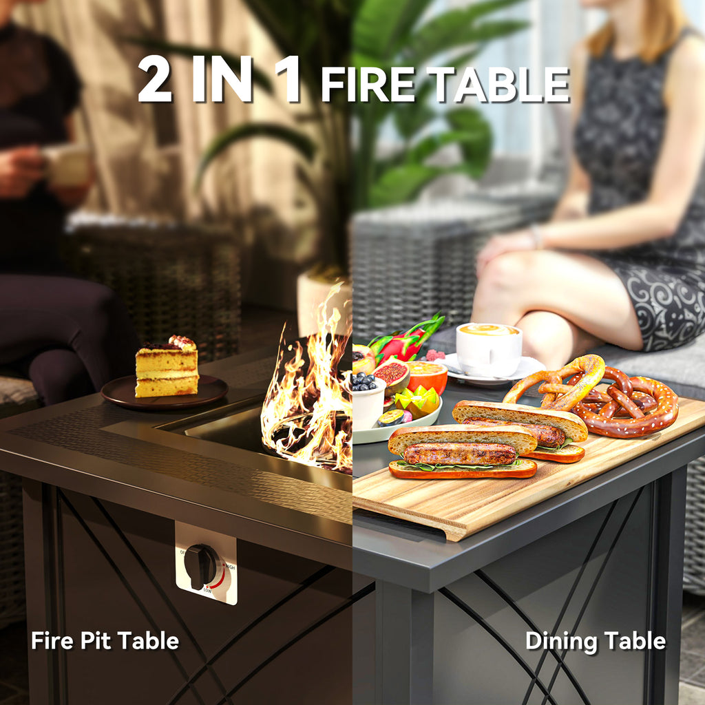 28" Propane Fire Pit Table 40,000 BTU Square Outdoor Gas Fire Table with Waterproof Cover, Adjustable Foot Pads