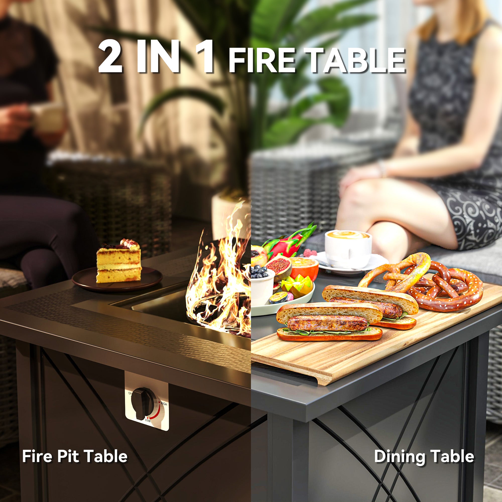 28" Propane Fire Pit Table 40,000 BTU Square Outdoor Gas Fire Table with Waterproof Cover, Adjustable Foot Pads