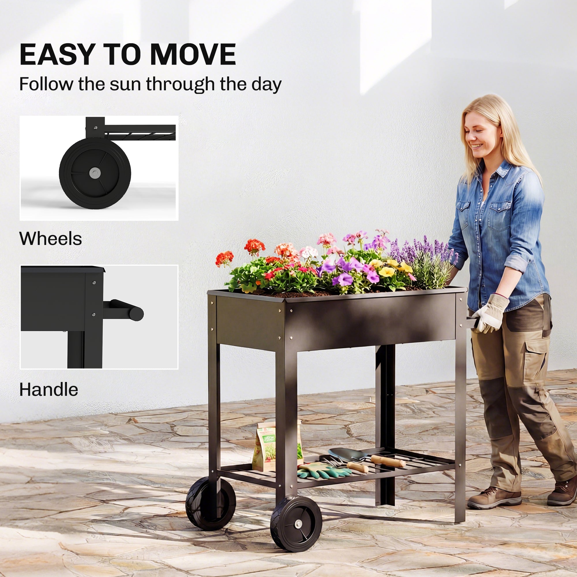 Metal Raised Garden Bed, Elevated Planter Box with 2 Wheels, Handle and Shelf, 31.5" Tall Raised Planter