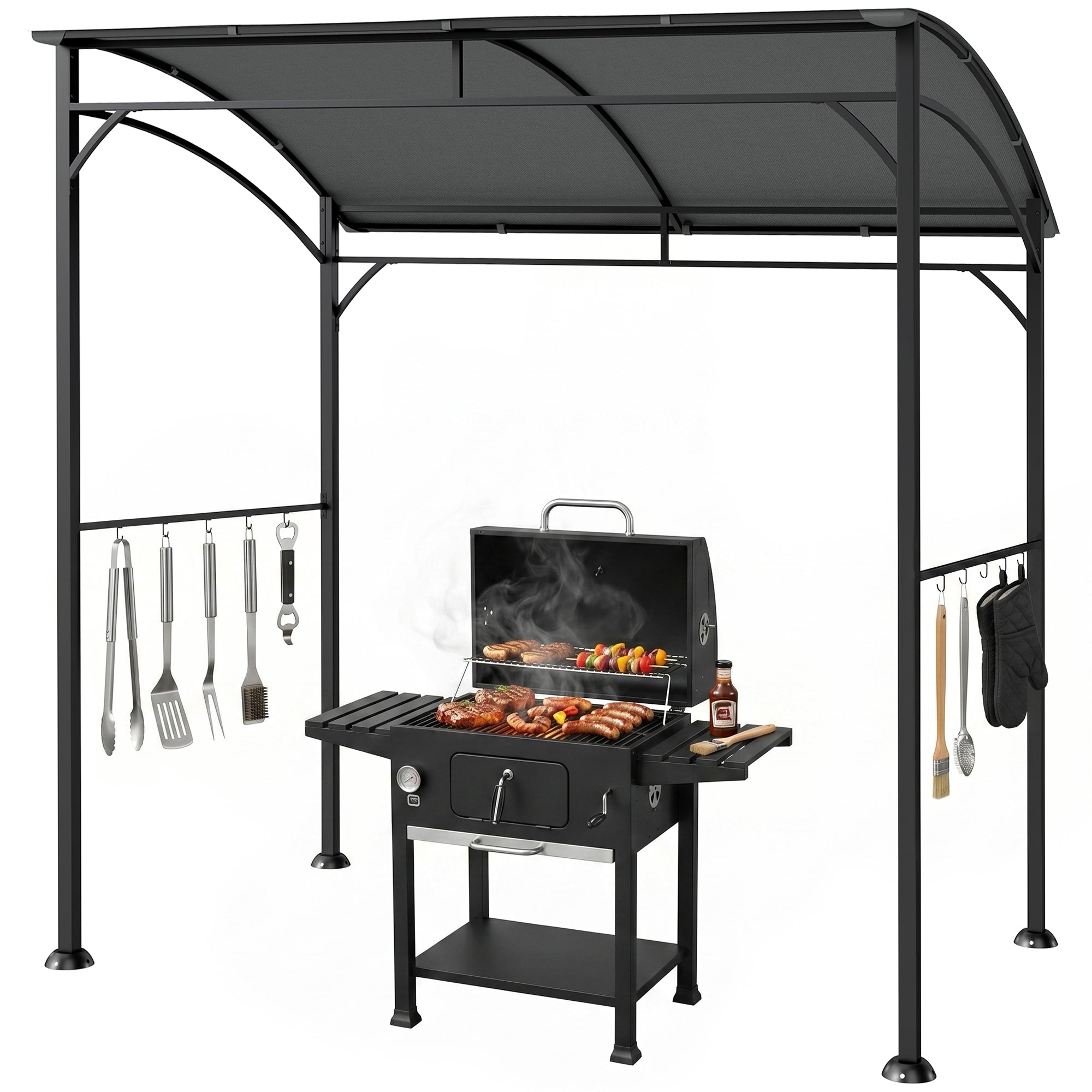 7' x 5' Garden Grill Canopy, BBQ Grill Gazebo Tent with Steel Frame and Hooks, Outdoor Sun Shade, Charcoal Grey